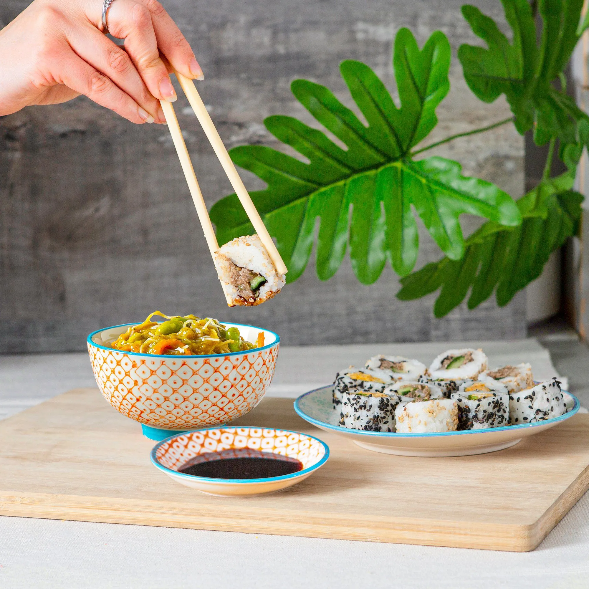 12cm Hand Printed Stoneware Rice Bowls - Pack of Six - By Nicola Spring