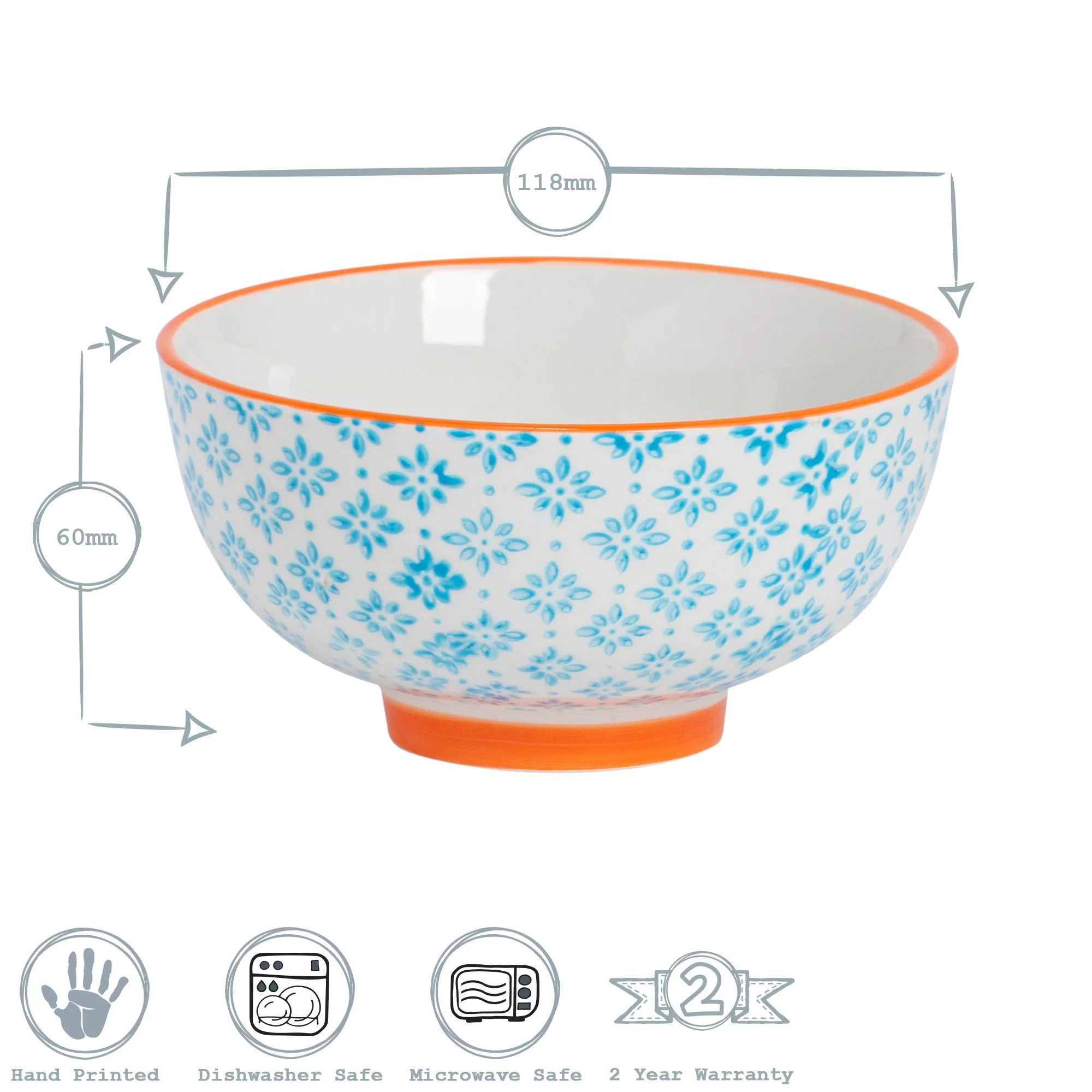 12cm Hand Printed Stoneware Rice Bowls - Pack of Six - By Nicola Spring