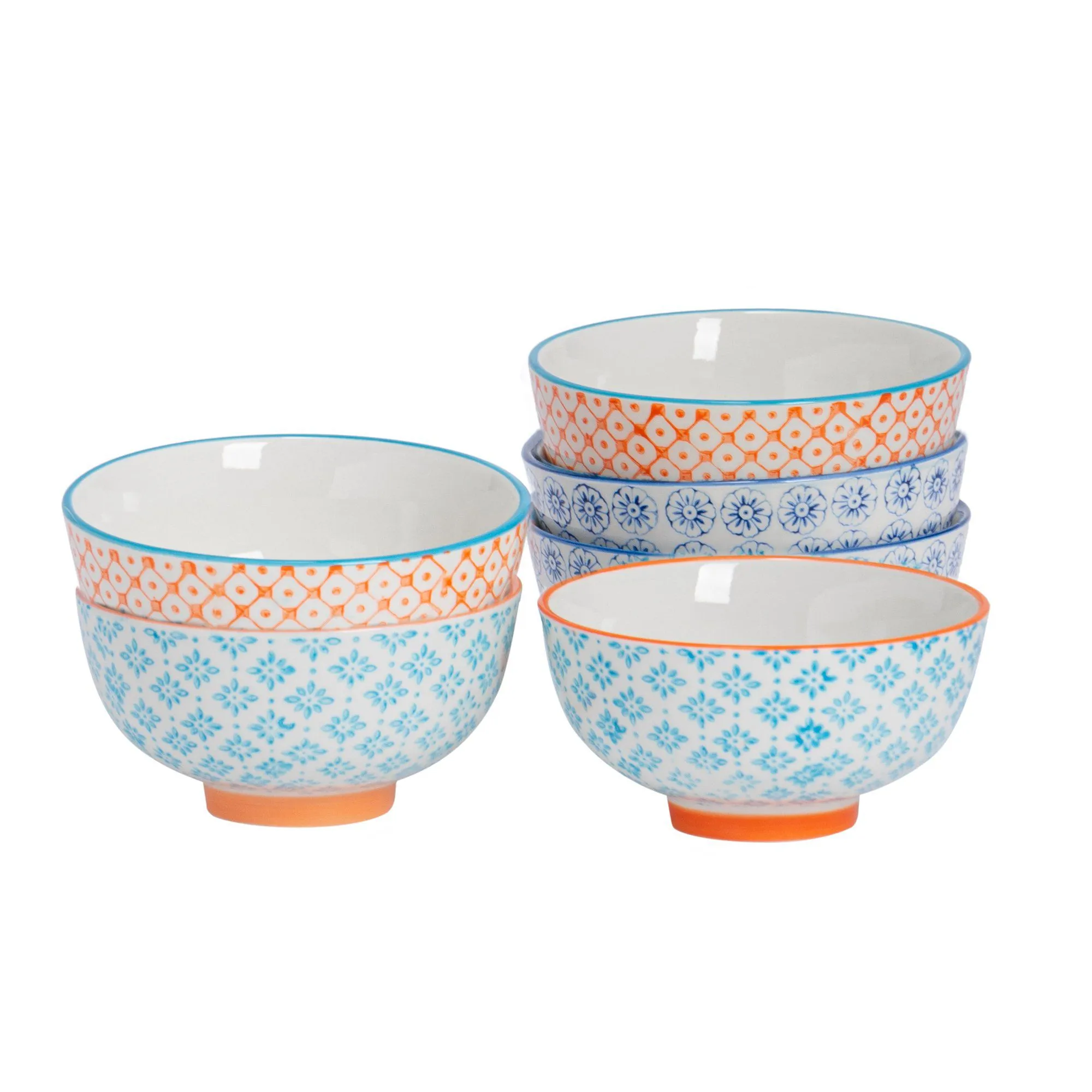 12cm Hand Printed Stoneware Rice Bowls - Pack of Six - By Nicola Spring