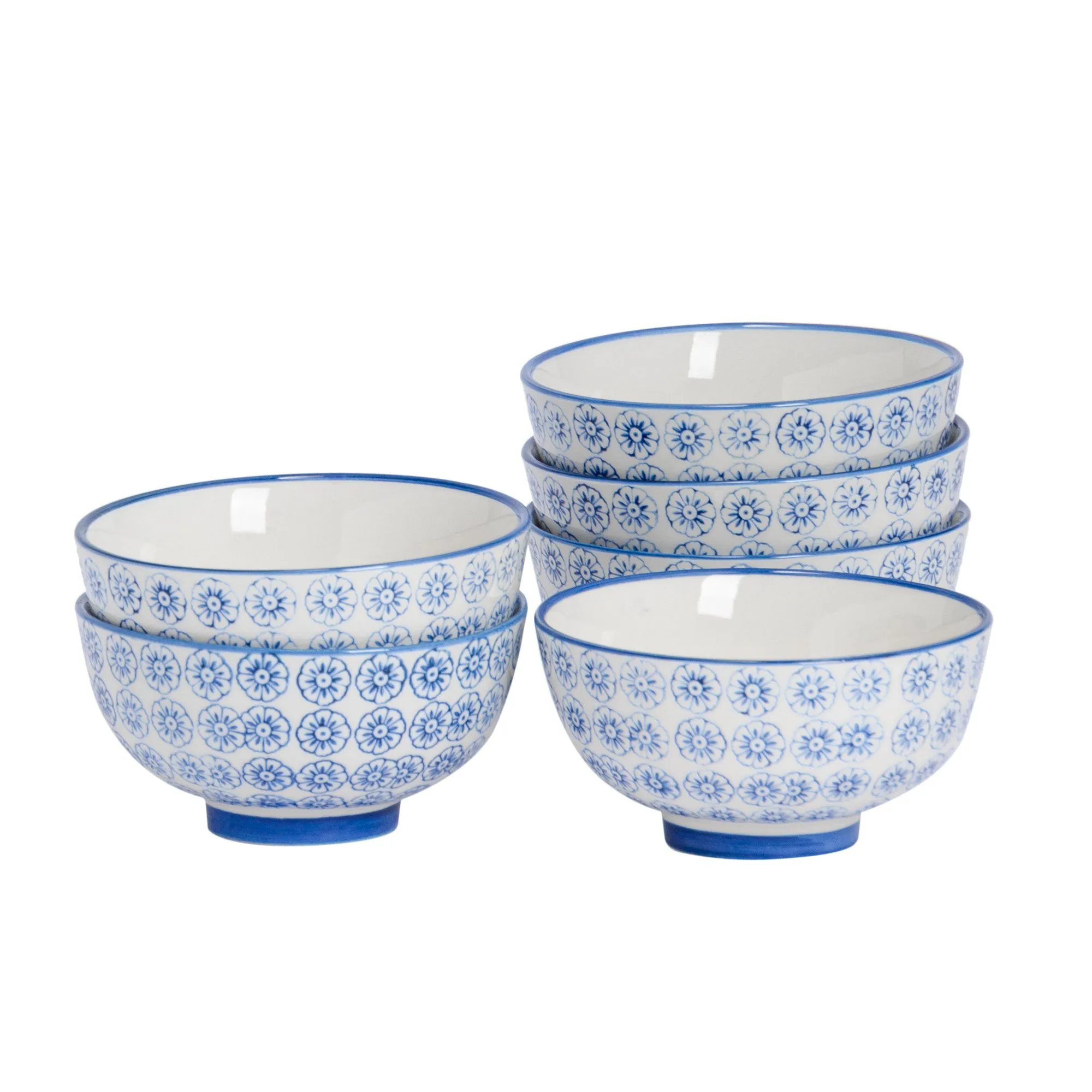 12cm Hand Printed Stoneware Rice Bowls - Pack of Six - By Nicola Spring