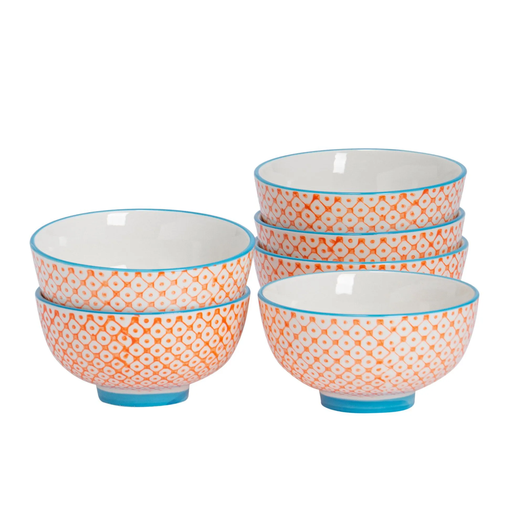 12cm Hand Printed Stoneware Rice Bowls - Pack of Six - By Nicola Spring