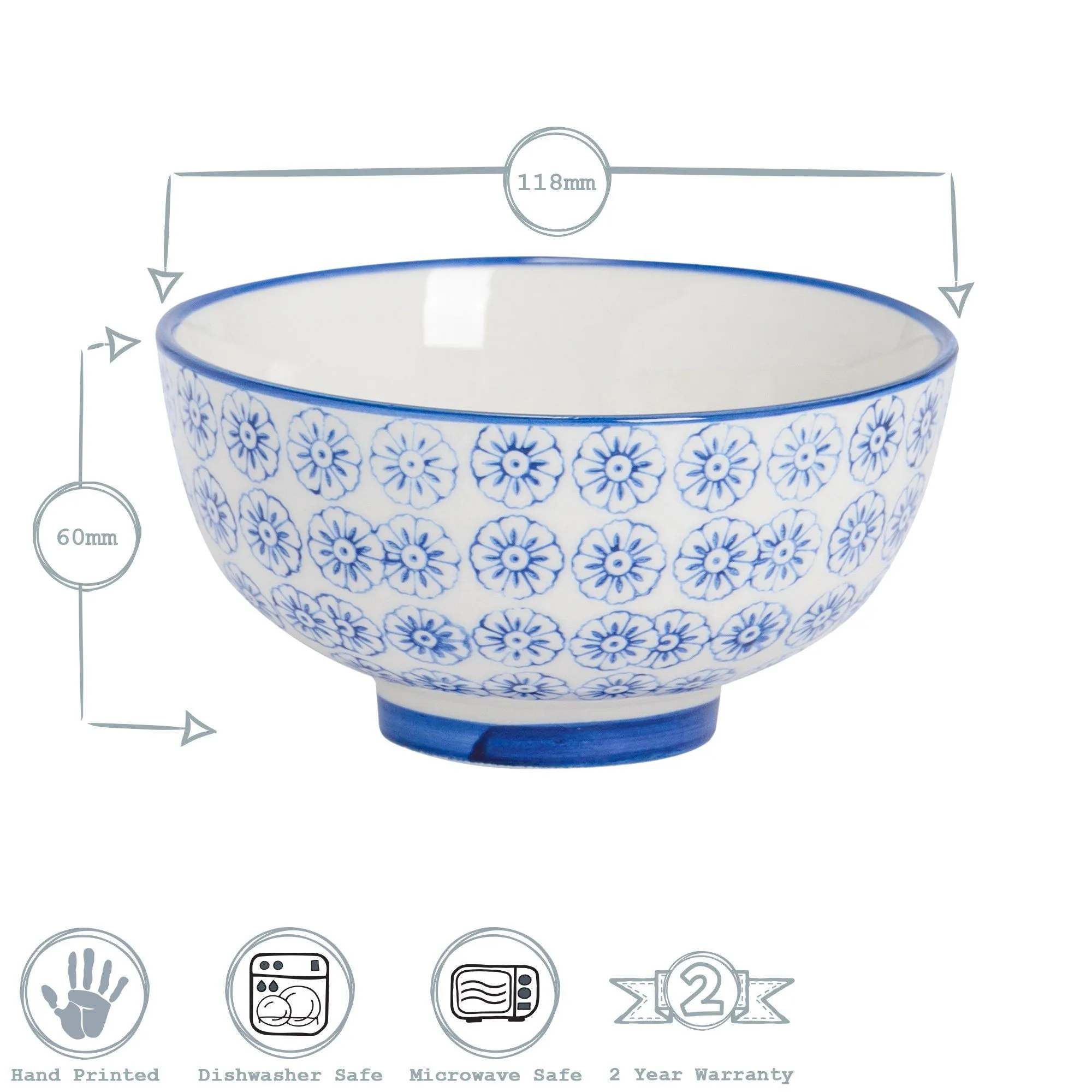12cm Hand Printed Stoneware Rice Bowls - Pack of Six - By Nicola Spring