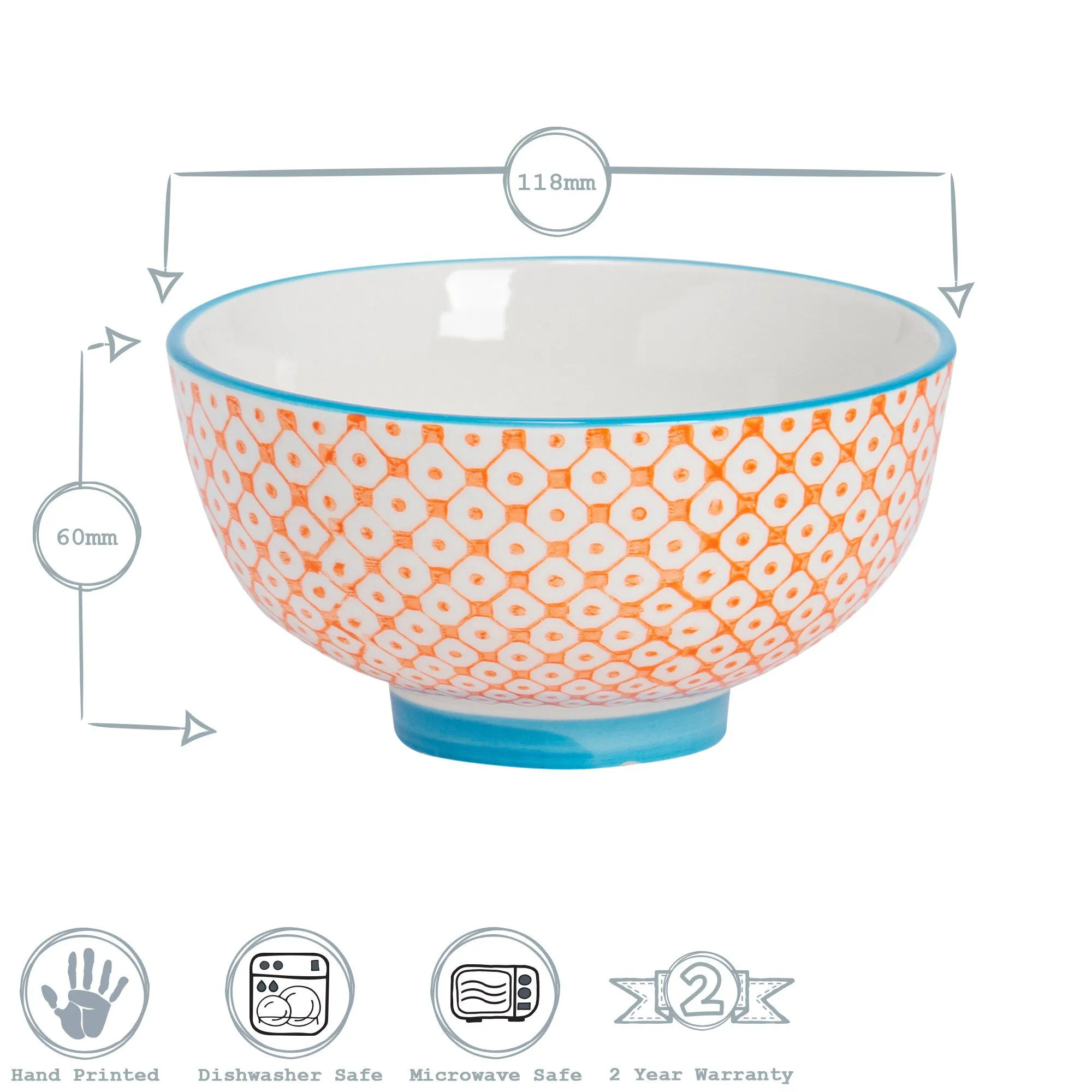 12cm Hand Printed Stoneware Rice Bowls - Pack of Six - By Nicola Spring