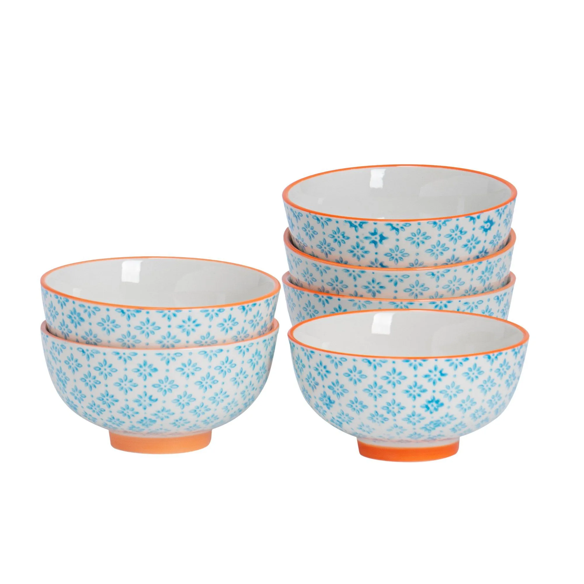 12cm Hand Printed Stoneware Rice Bowls - Pack of Six - By Nicola Spring