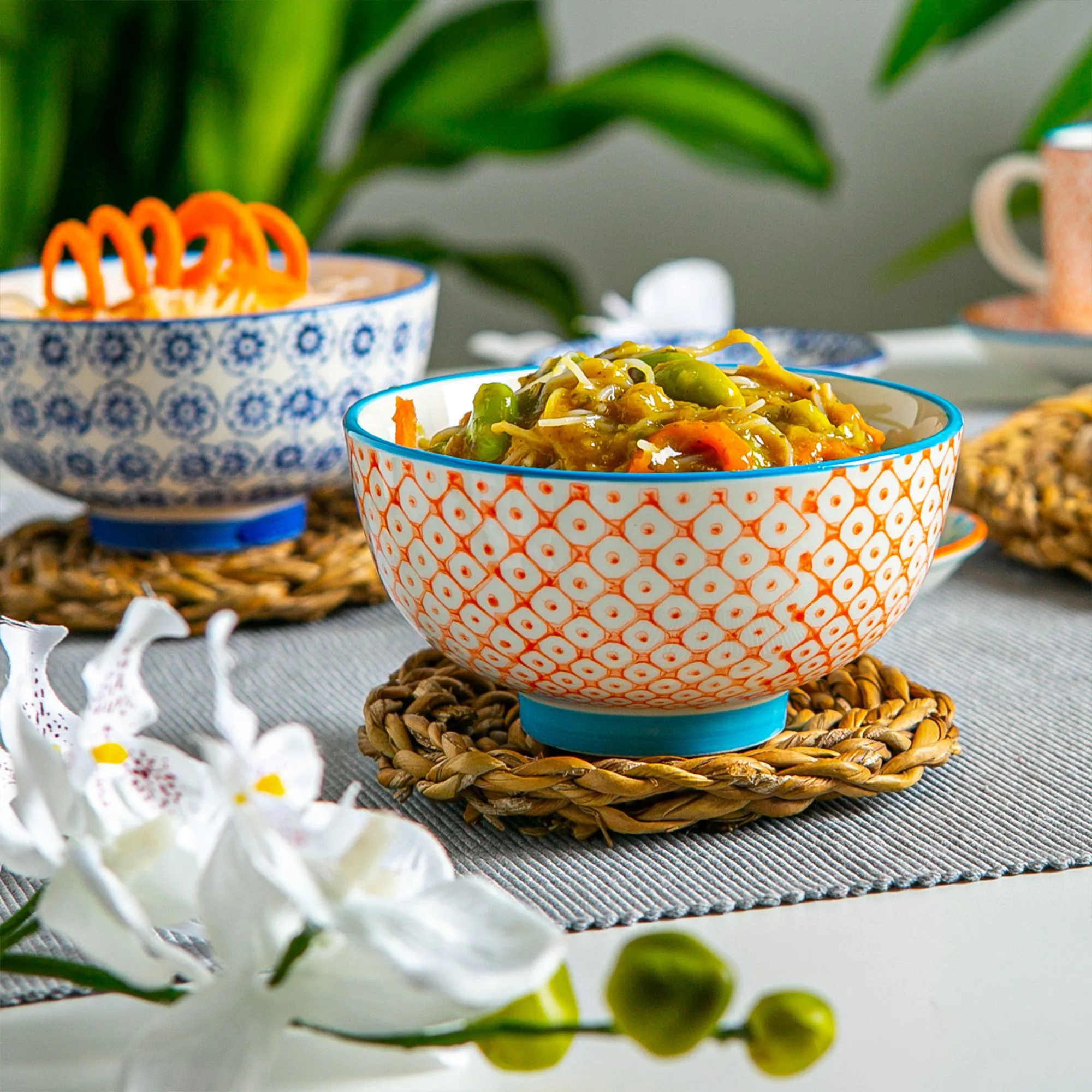 12cm Hand Printed Stoneware Rice Bowls - Pack of Six - By Nicola Spring