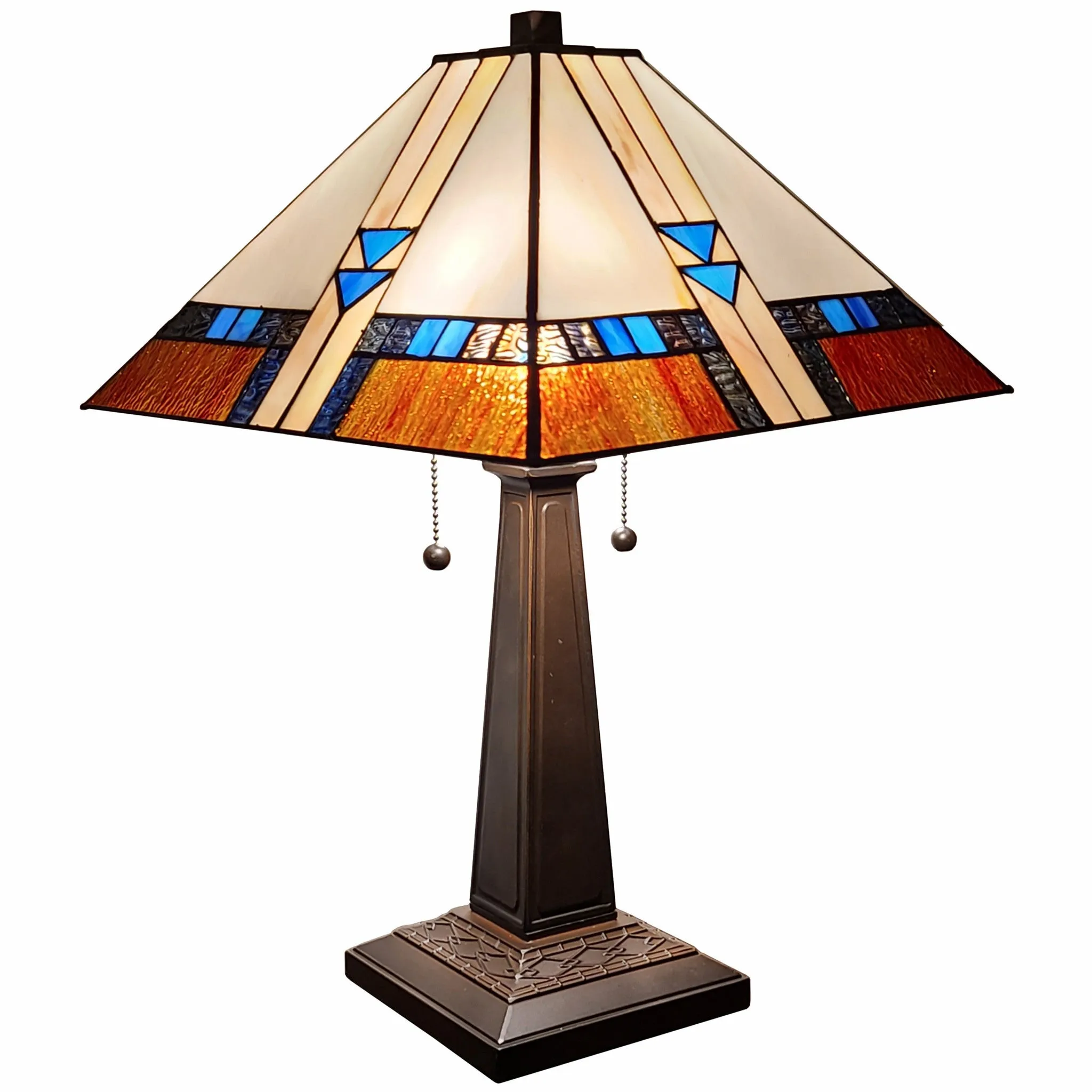 23" Cream Amber and Teal Arrow Stained Glass Two Light Mission Style Table Lamp By Homeroots