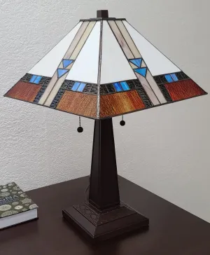 23" Cream Amber and Teal Arrow Stained Glass Two Light Mission Style Table Lamp By Homeroots