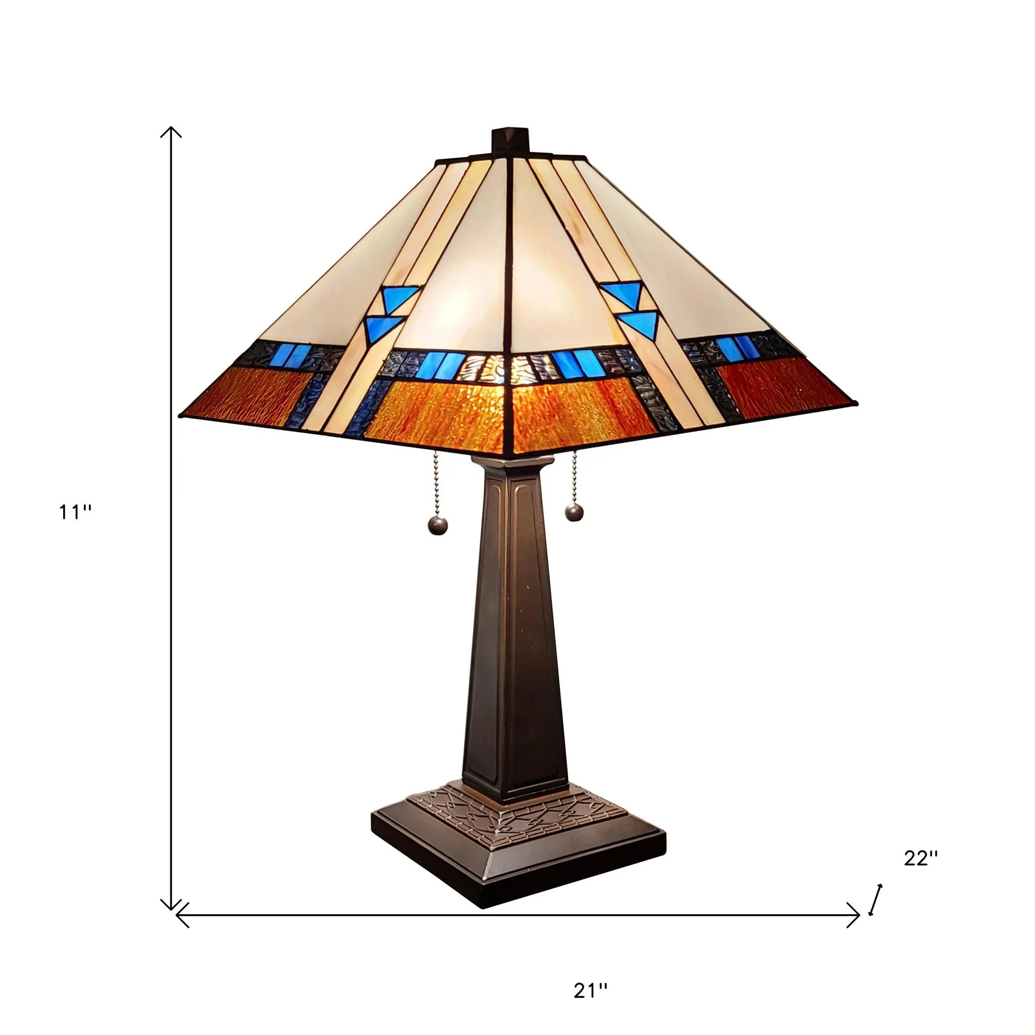 23" Cream Amber and Teal Arrow Stained Glass Two Light Mission Style Table Lamp By Homeroots
