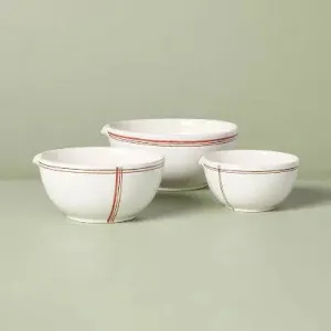 3pc Christmas Plaid Stripes Stoneware Mixing Bowl Set Cream/Red/Green - Hearth & Hand with Magnolia