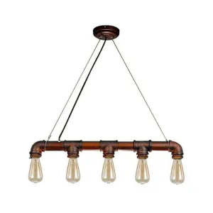 5-Head Steampunk Island Pendant Light with Straight Pipes and Rustic Charm