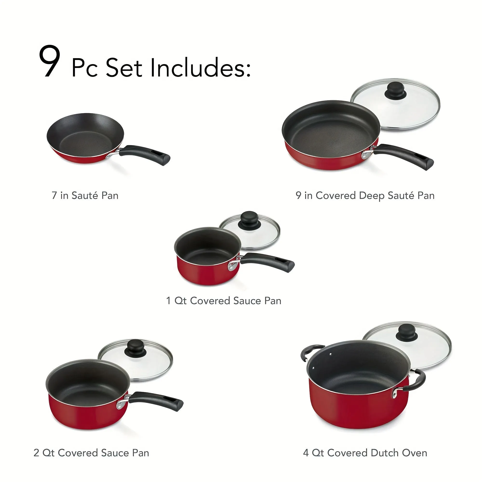 9-Piece Non-stick Cookware Set, Red, Skillet. 9- Piece Non -stick Cookware Set, Red, Skillet