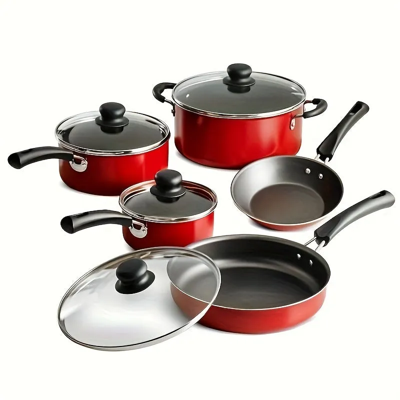 9-Piece Non-stick Cookware Set, Red, Skillet. 9- Piece Non -stick Cookware Set, Red, Skillet