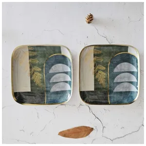 Abstract Gold Leaf Metal Square Platter | Elegant Dining Decor | Set Of 2