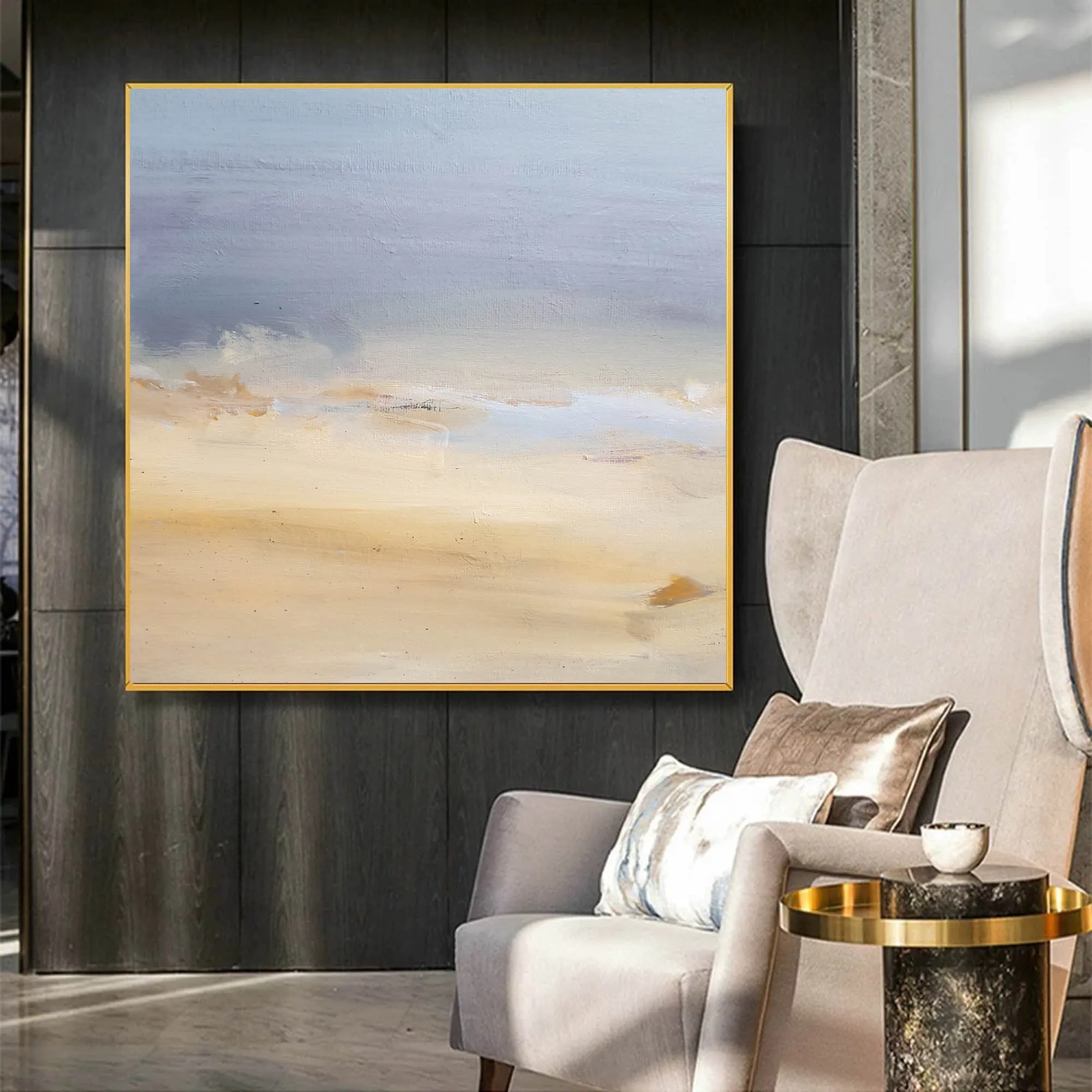 Beige Blue Abstract Art on Canvas Living Room Office Painting Yp053