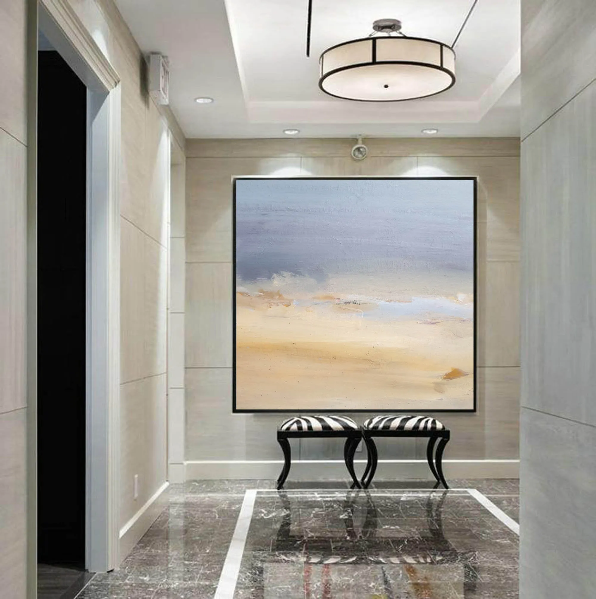 Beige Blue Abstract Art on Canvas Living Room Office Painting Yp053