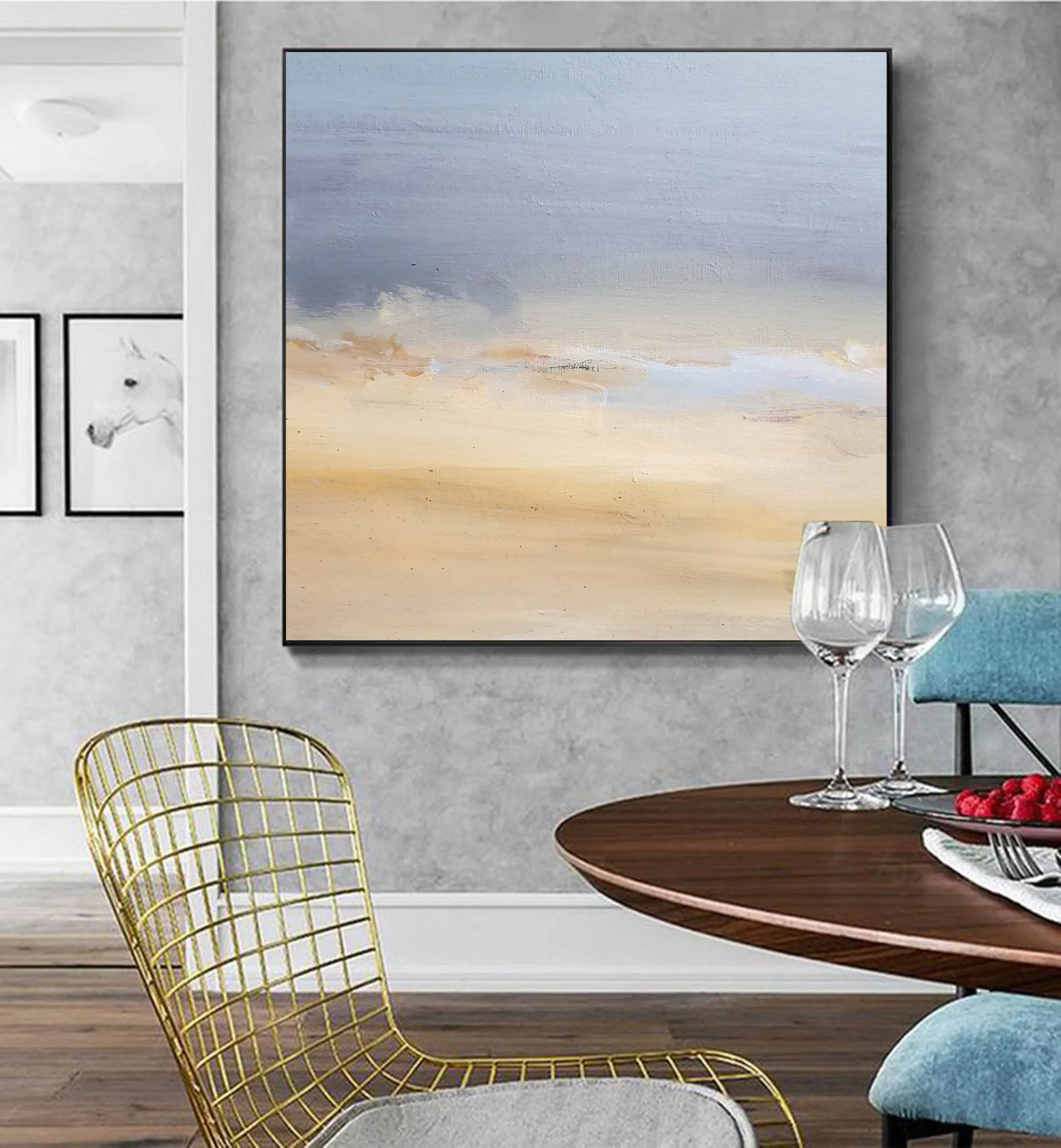 Beige Blue Abstract Art on Canvas Living Room Office Painting Yp053