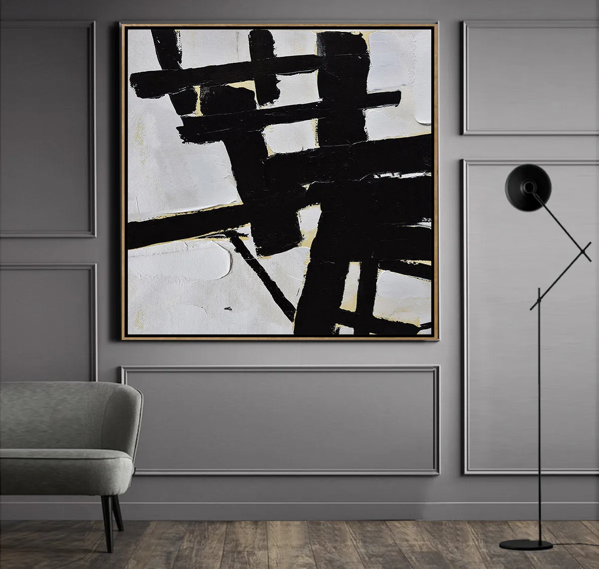 Black and White Abstract Painting Minimalist Art Modern Wall Art Decor Yp071