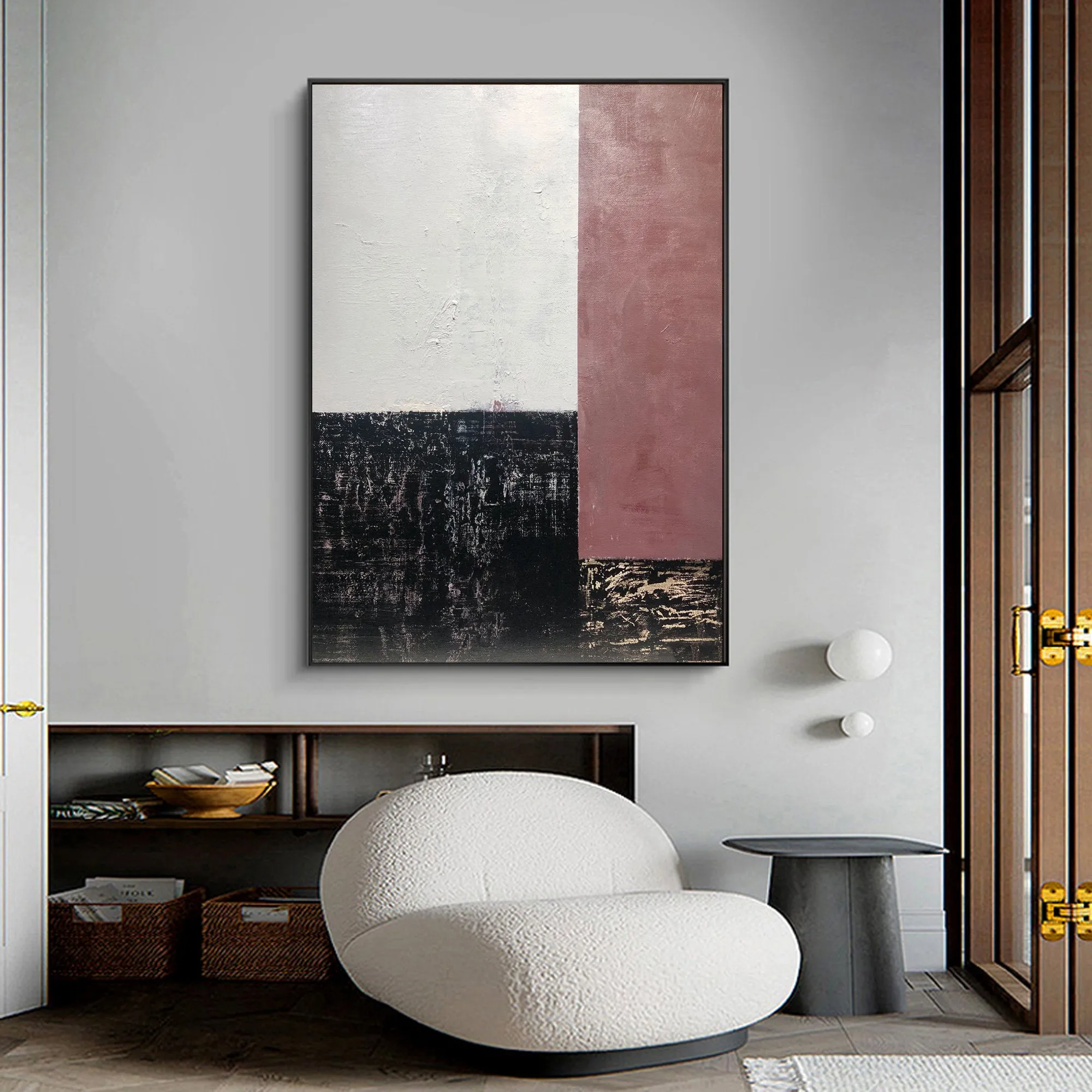 Black and White Painting on Canvas Iron Red Wall Art Op052
