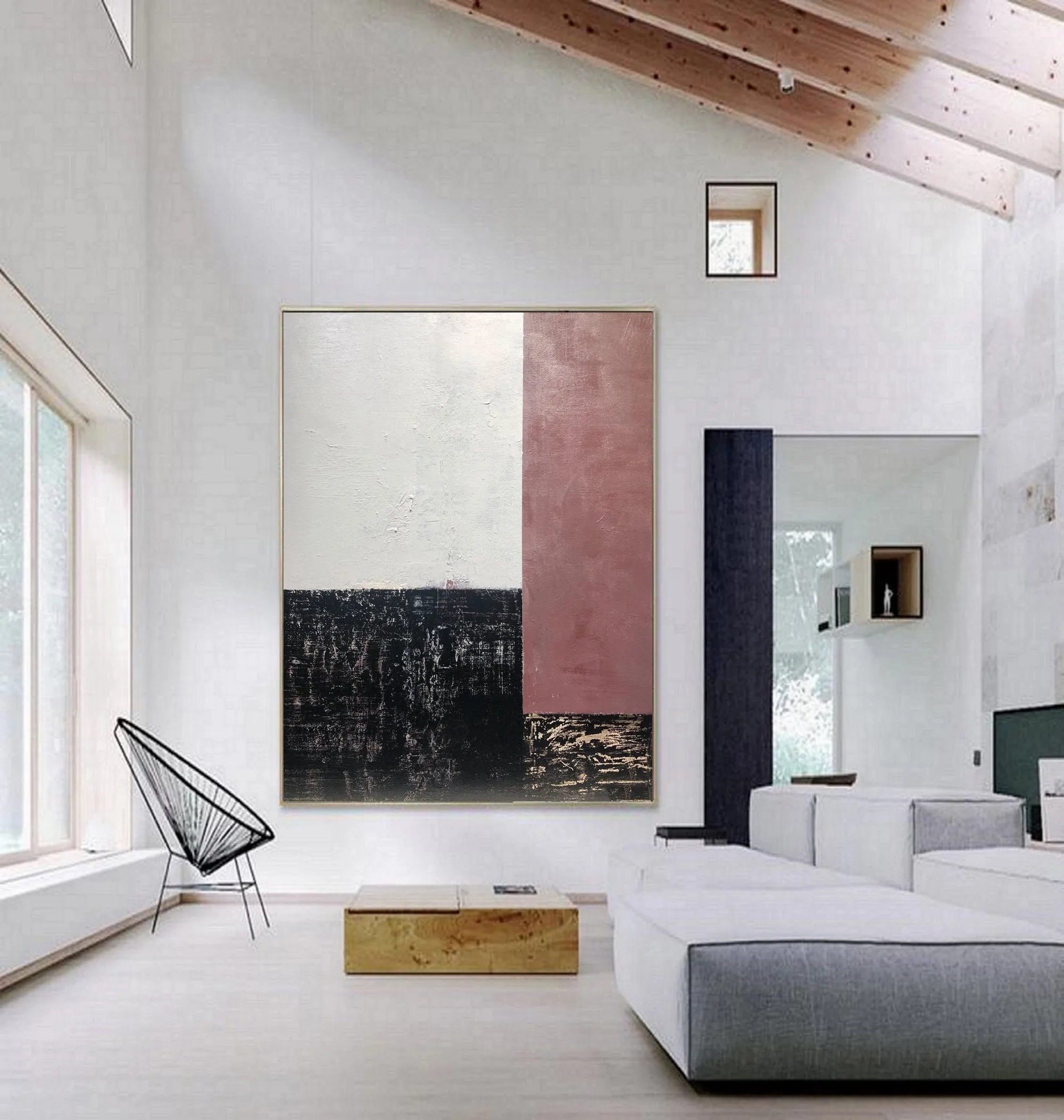 Black and White Painting on Canvas Iron Red Wall Art Op052