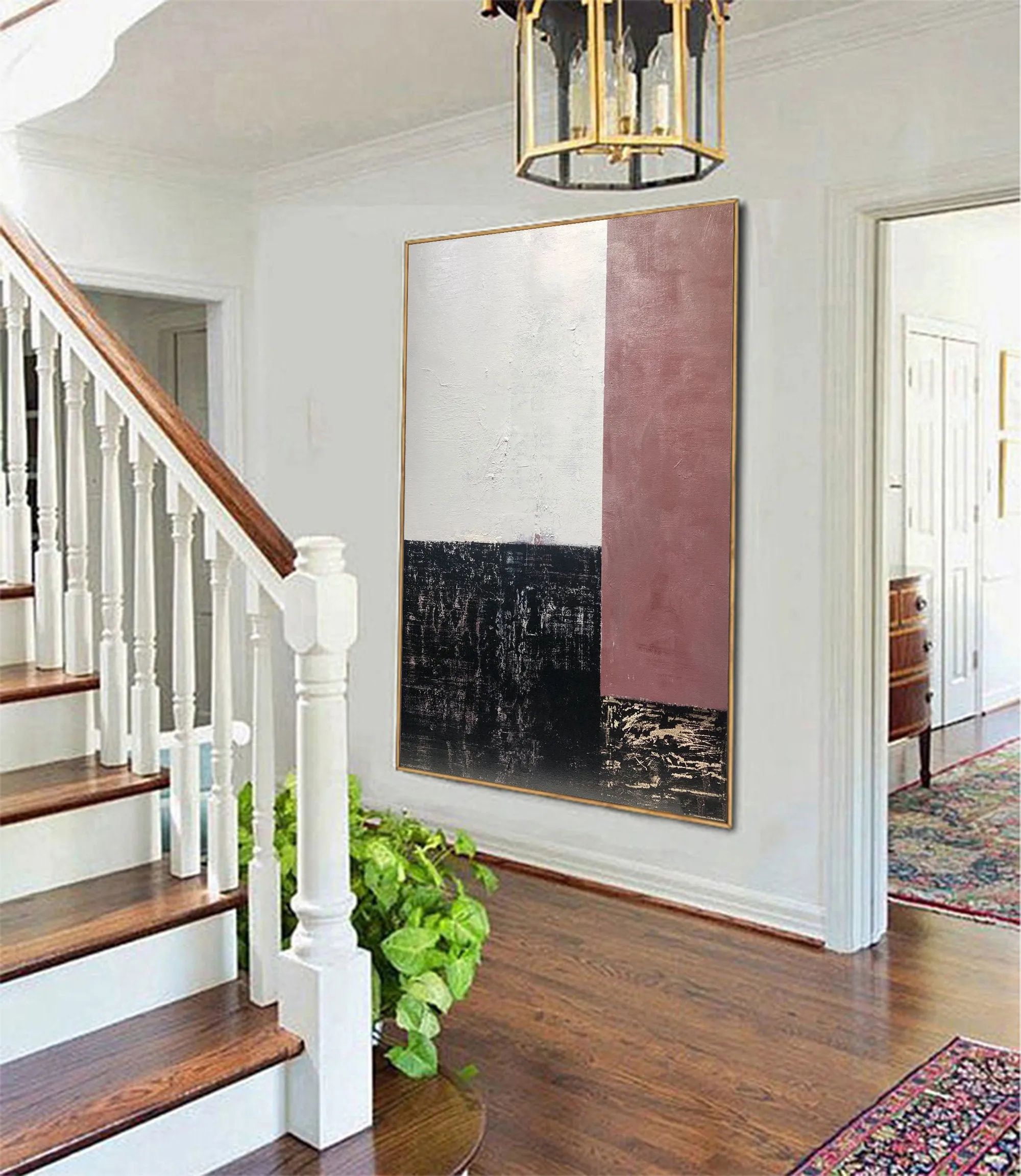 Black and White Painting on Canvas Iron Red Wall Art Op052