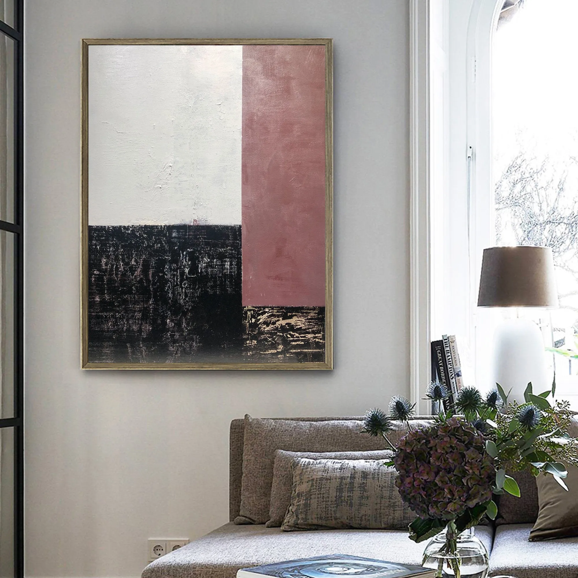 Black and White Painting on Canvas Iron Red Wall Art Op052