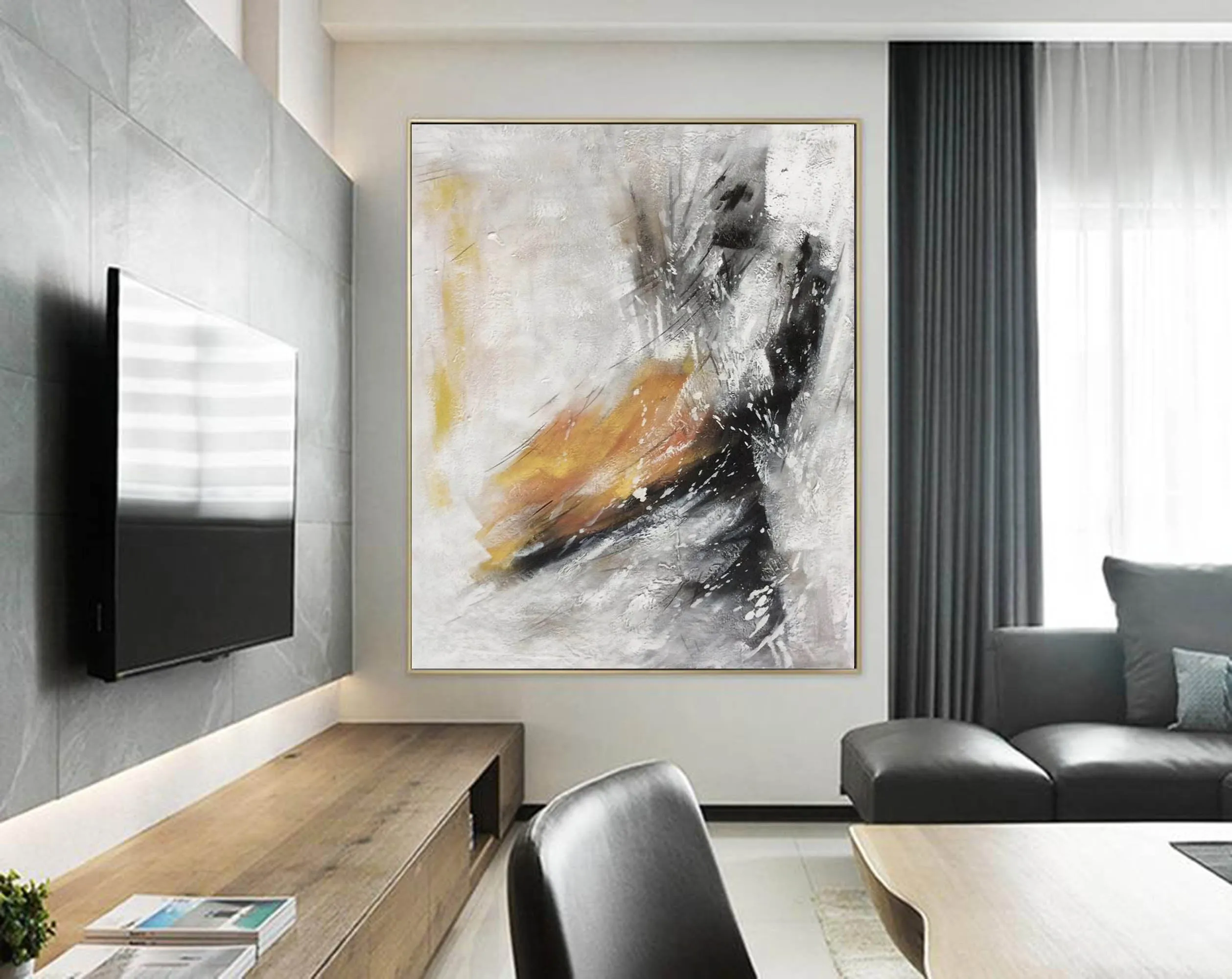 Black White Yellow Abstract Painting Oversized Modern Canvas Painting Sp072