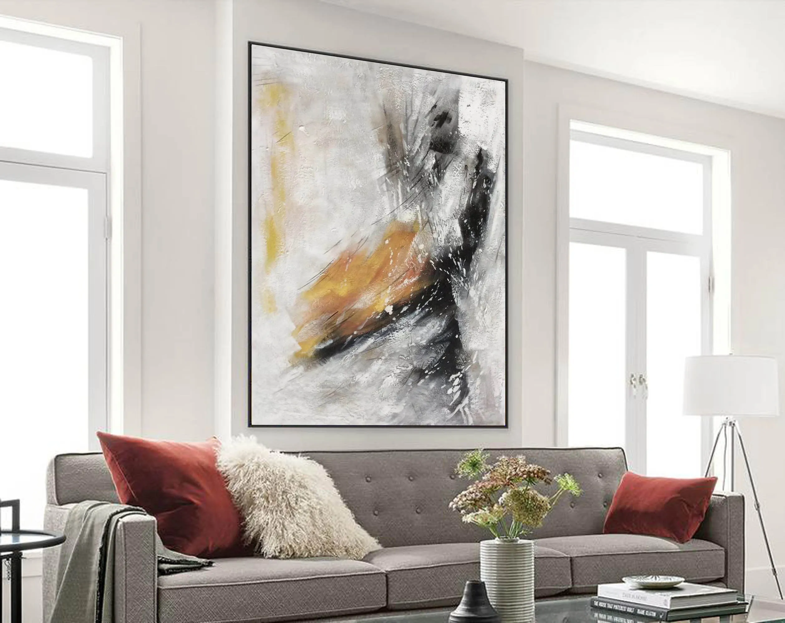 Black White Yellow Abstract Painting Oversized Modern Canvas Painting Sp072