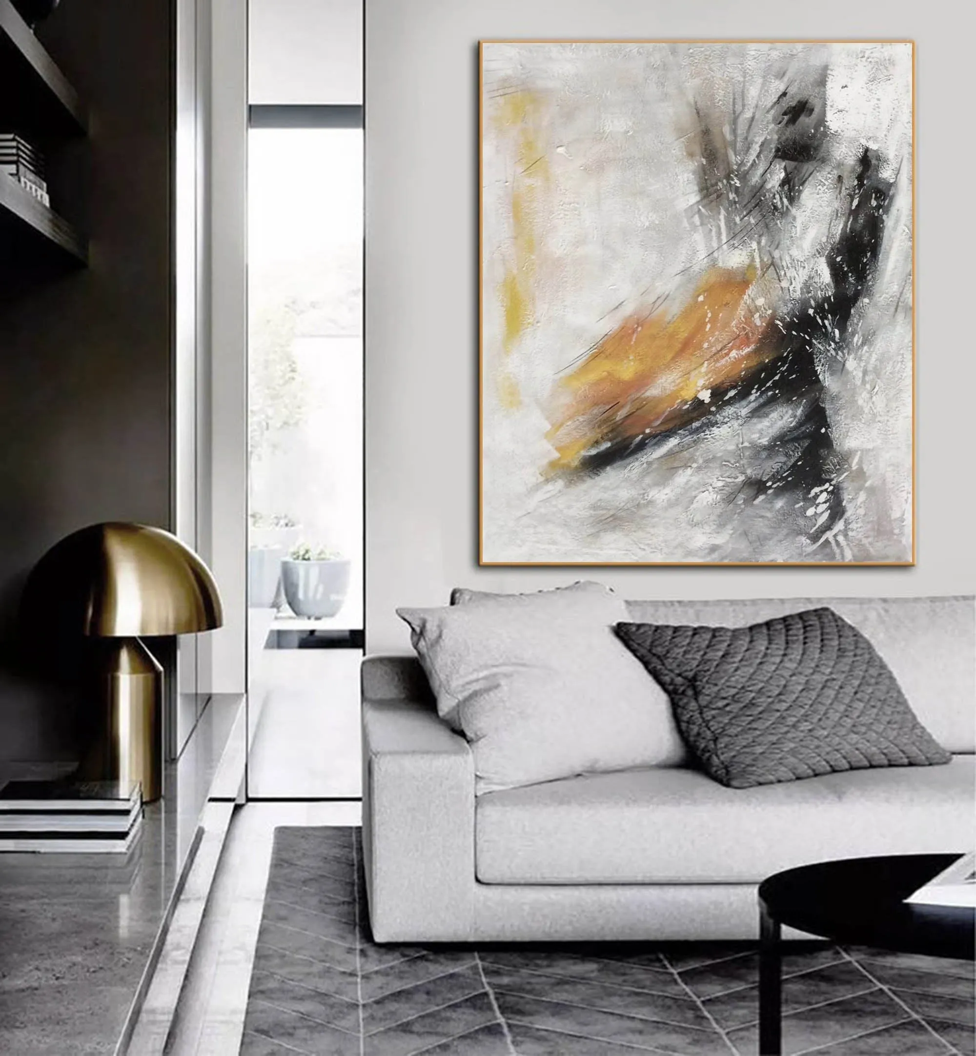 Black White Yellow Abstract Painting Oversized Modern Canvas Painting Sp072