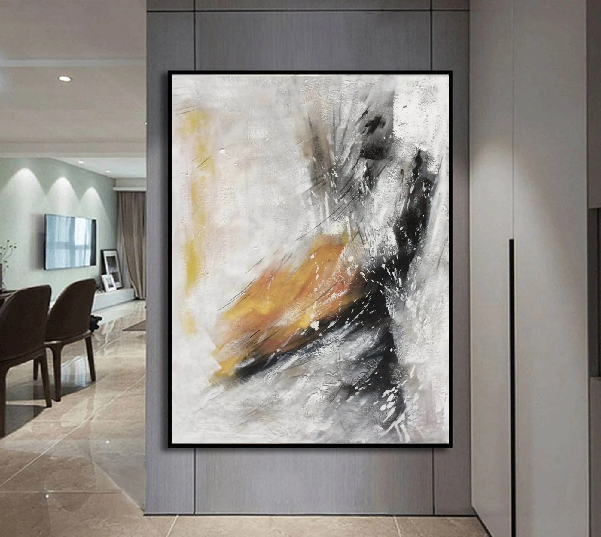 Black White Yellow Abstract Painting Oversized Modern Canvas Painting Sp072