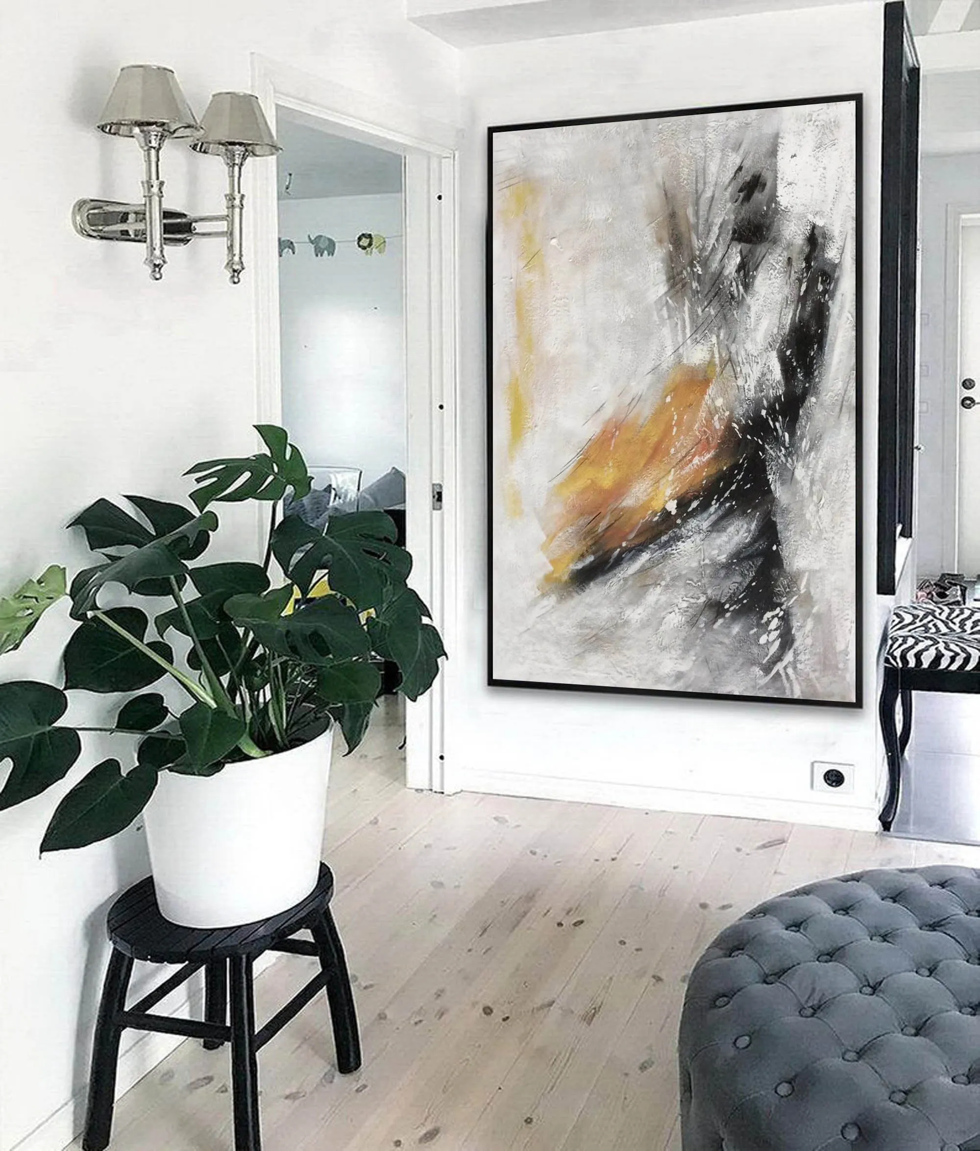 Black White Yellow Abstract Painting Oversized Modern Canvas Painting Sp072