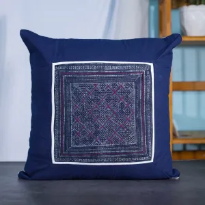 Blue Cushion Cover, H'mong vintage batik cloth, grid pattern