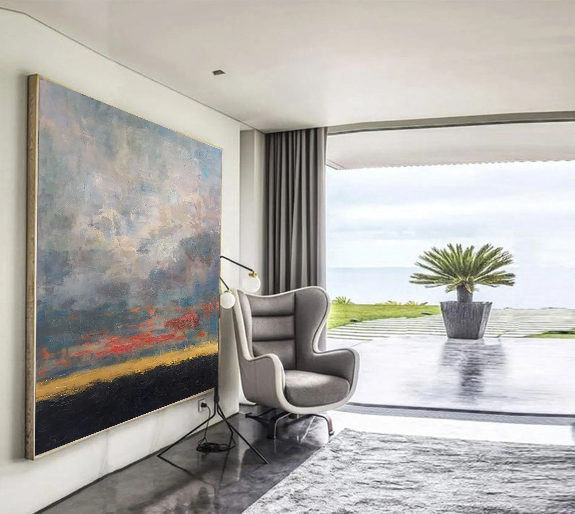 Blue Gray Sky Abstract Painting On Canvas Living Room Art Sp036