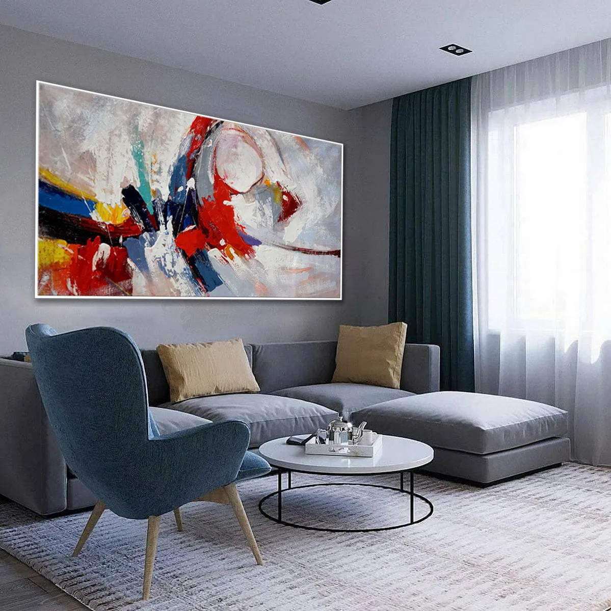 Blue Red White Abstract Painting Palette Knife Contemporary Painting Sp087