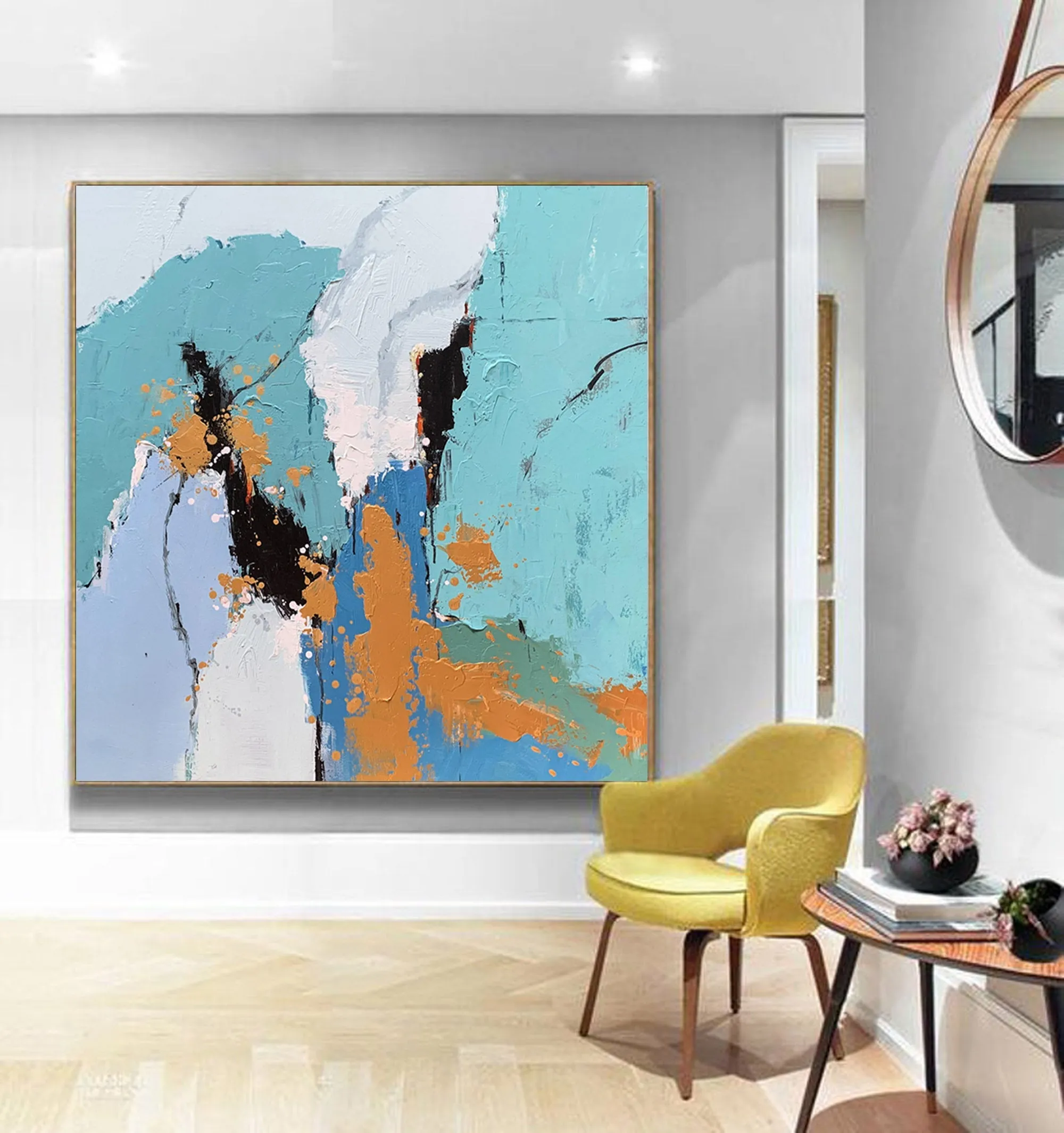 Blue White Gold Abstract Art Painting Modern Office Art