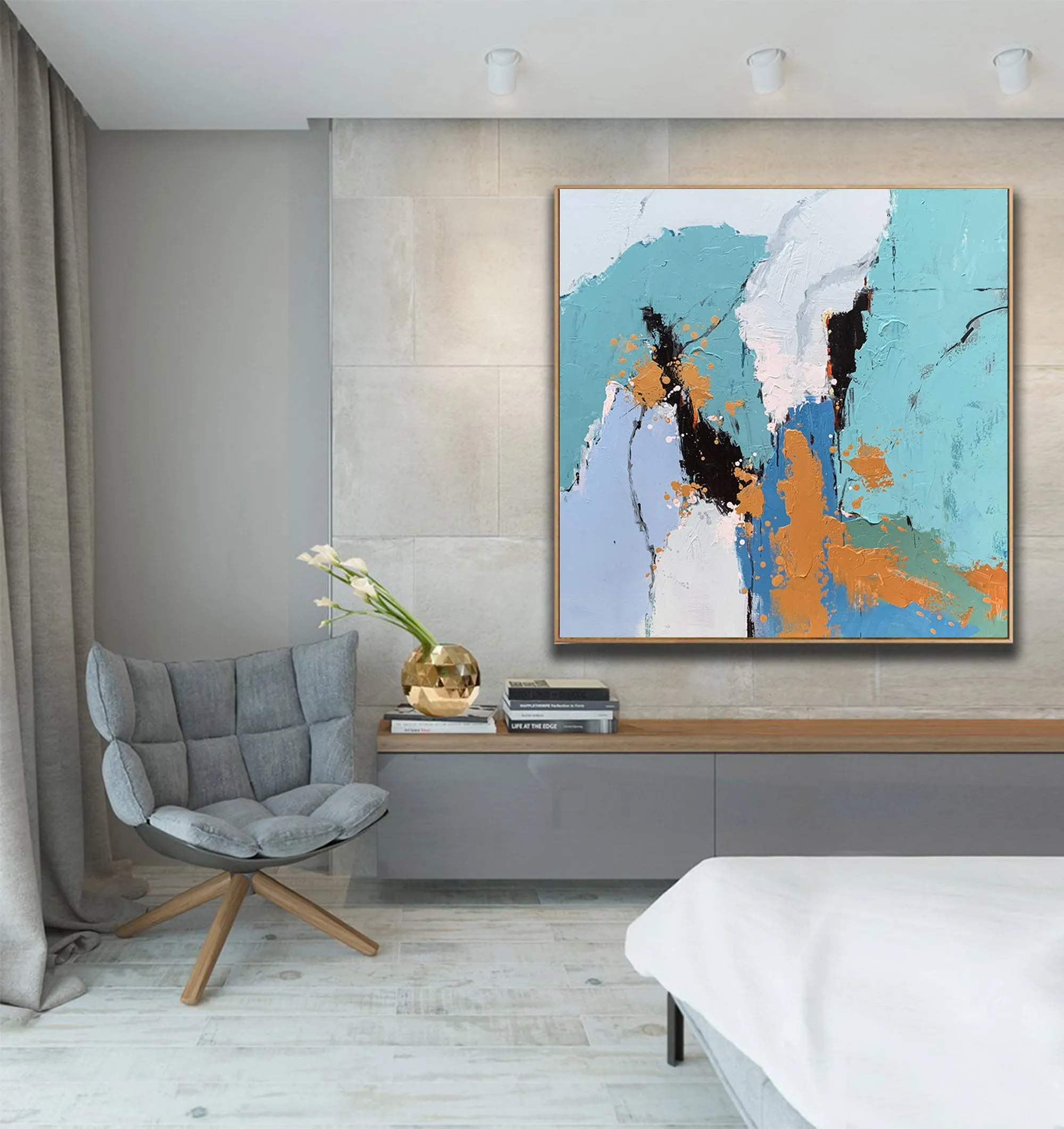 Blue White Gold Abstract Art Painting Modern Office Art