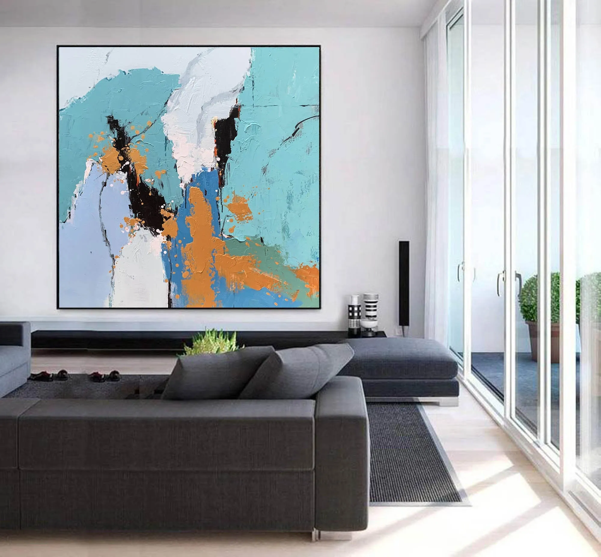 Blue White Gold Abstract Art Painting Modern Office Art