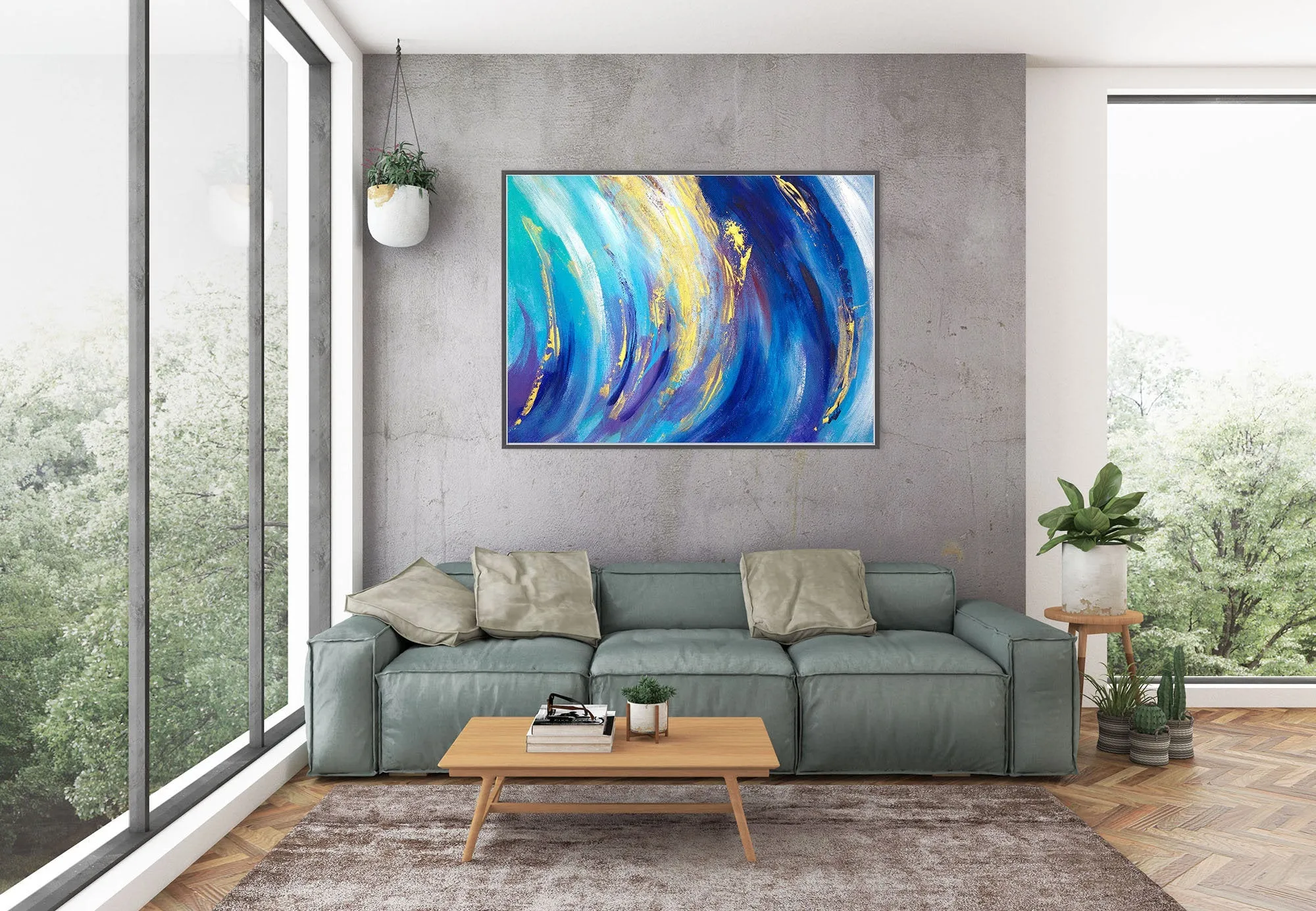 Blue White Gold Abstract Painting for Home Texture Art Kp073
