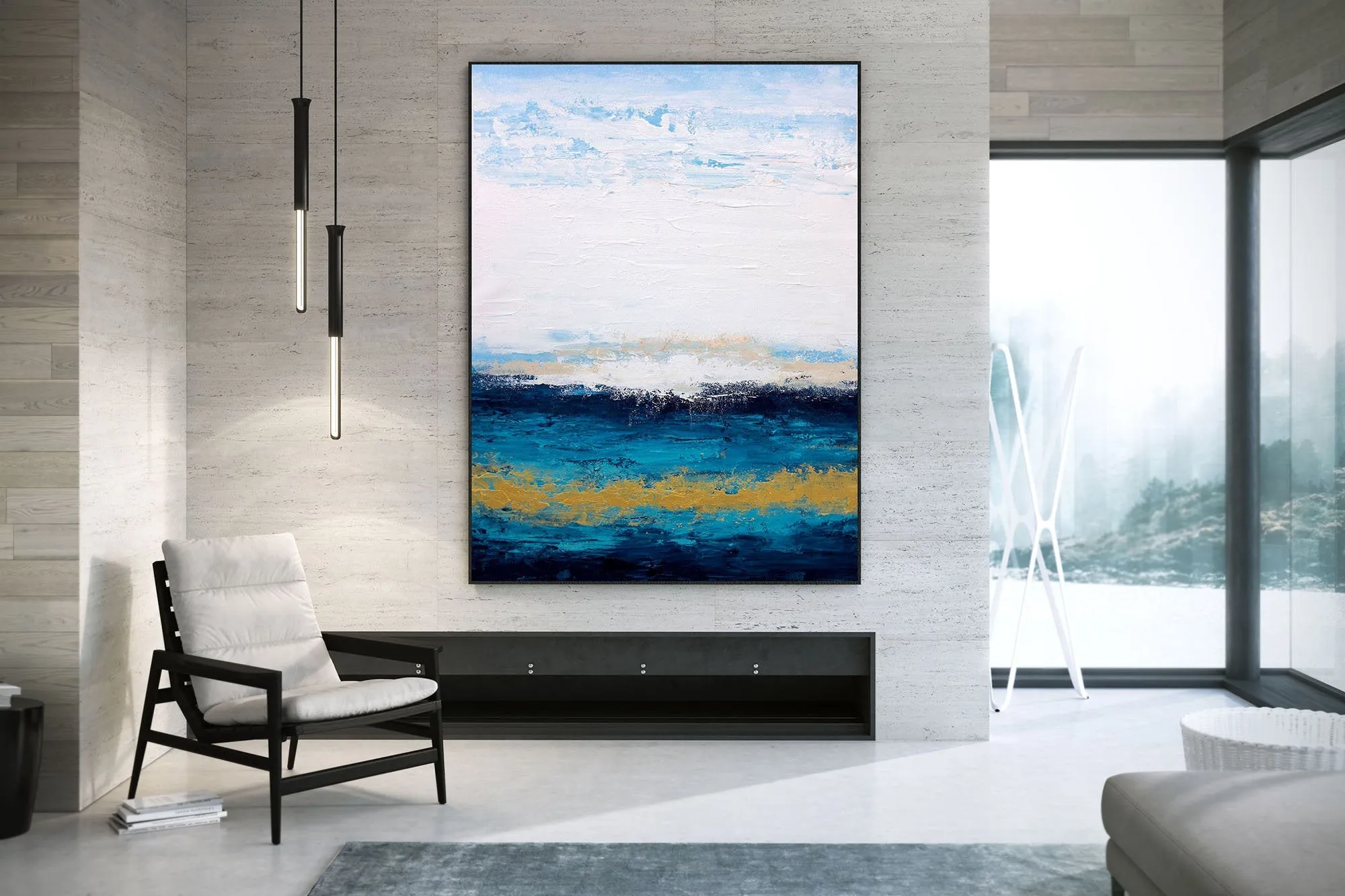 Blue White Gold Acrylic Painting On Canvas Original Abstract Painting Kp066