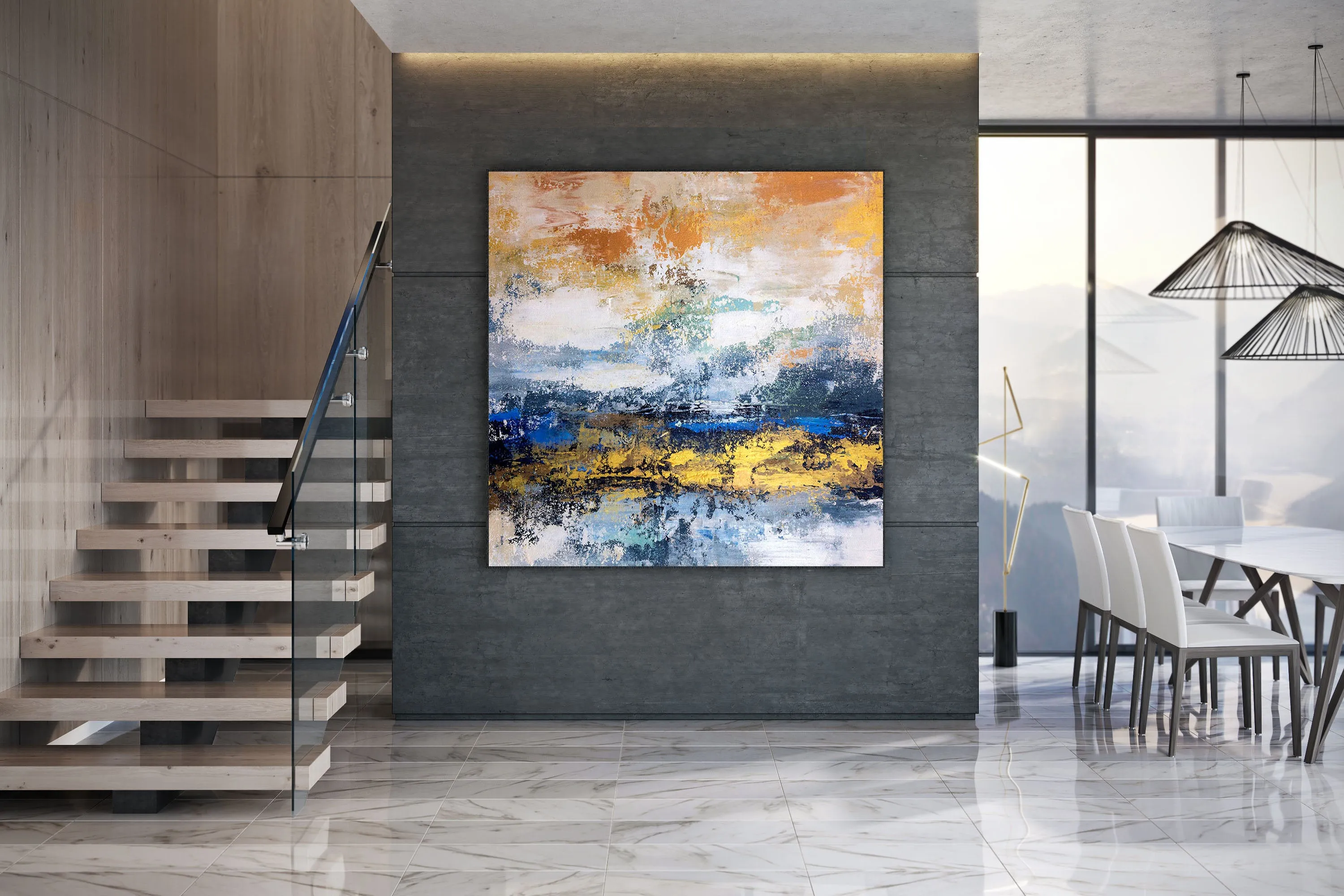 Blue White Gold Yellow Modern Abstract Painting Custom Art Bp124