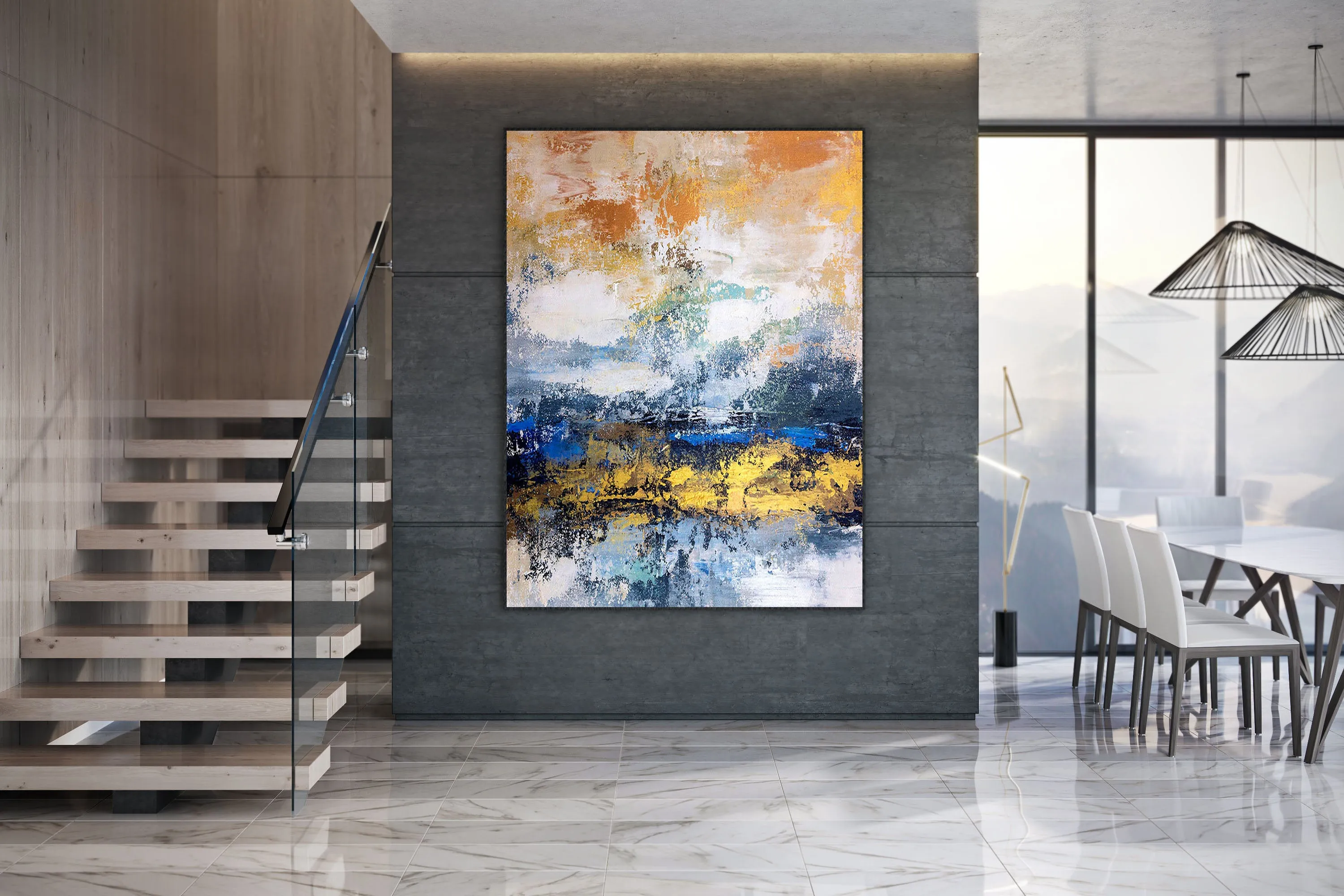 Blue White Gold Yellow Modern Abstract Painting Custom Art Bp124