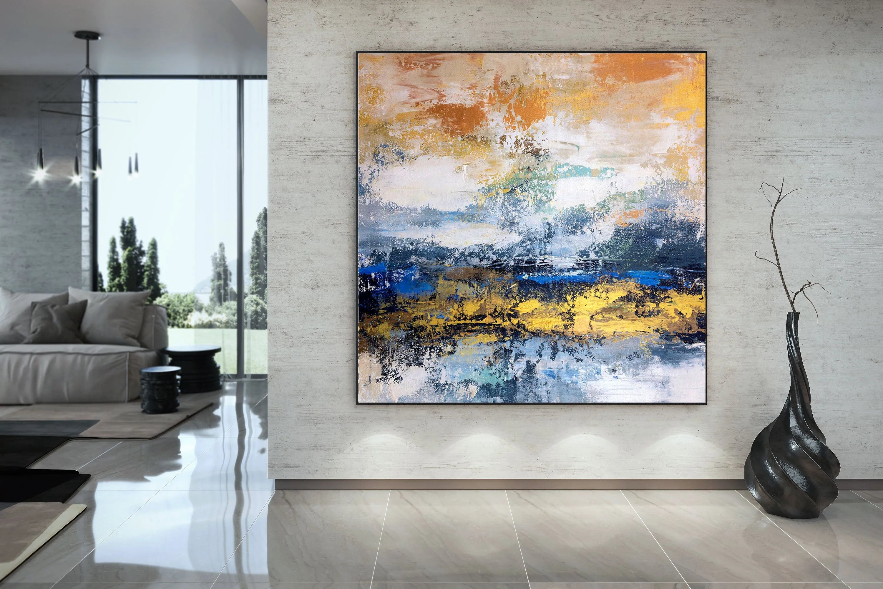 Blue White Gold Yellow Modern Abstract Painting Custom Art Bp124