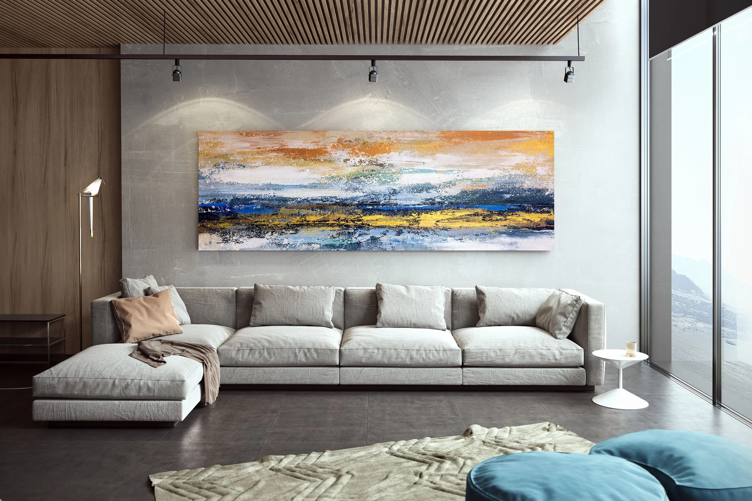 Blue White Gold Yellow Modern Abstract Painting Custom Art Bp124