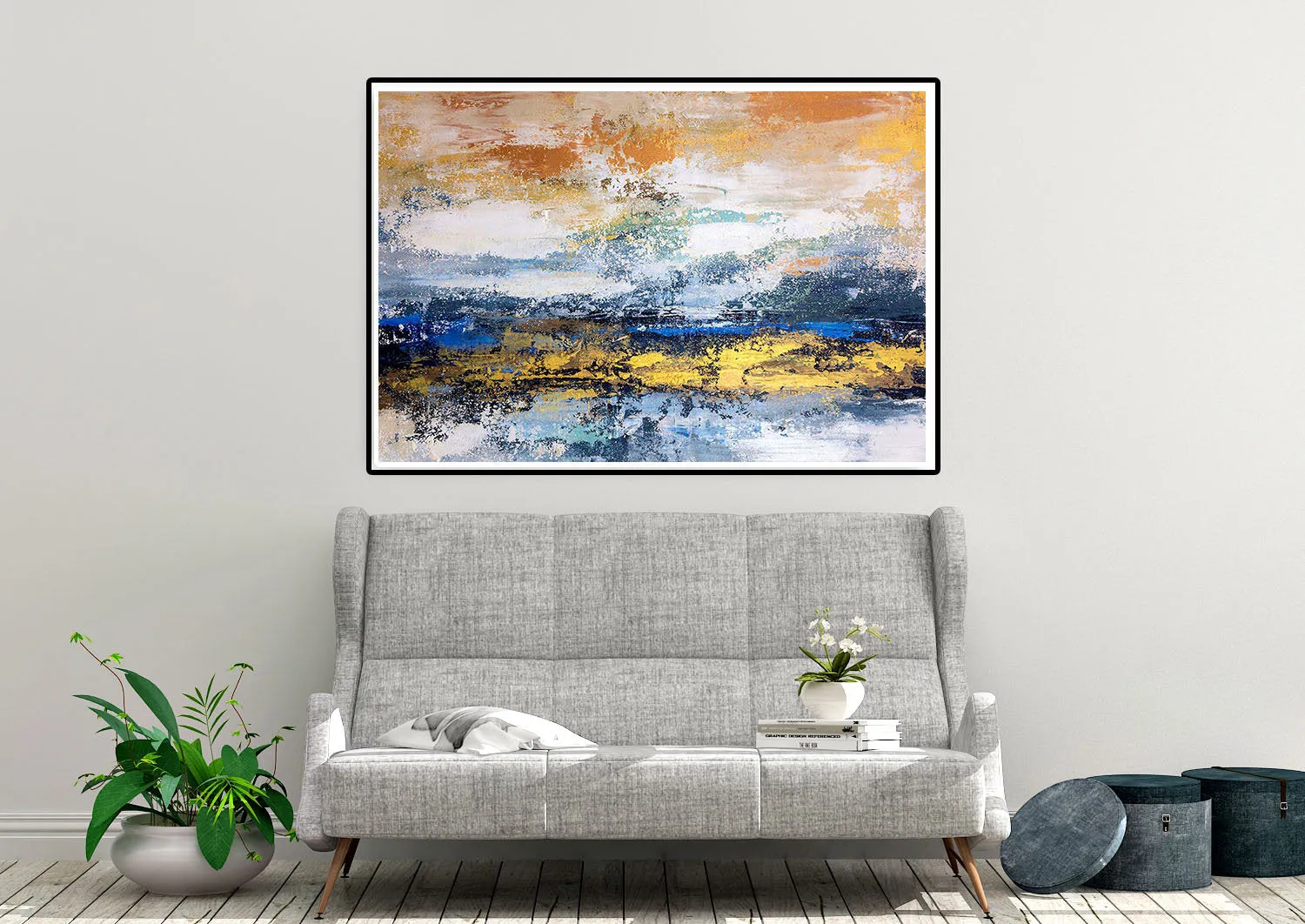 Blue White Gold Yellow Modern Abstract Painting Custom Art Bp124