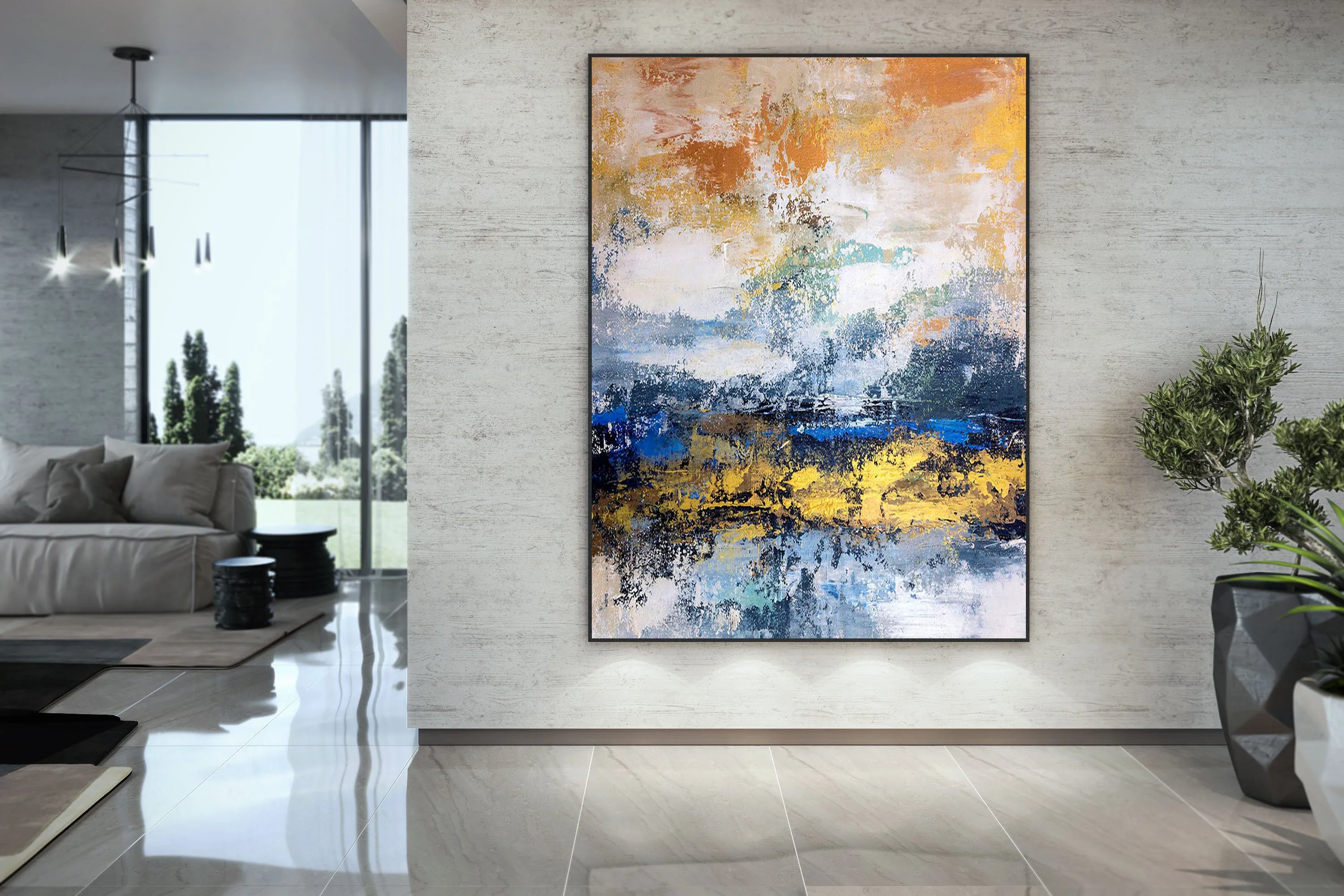 Blue White Gold Yellow Modern Abstract Painting Custom Art Bp124
