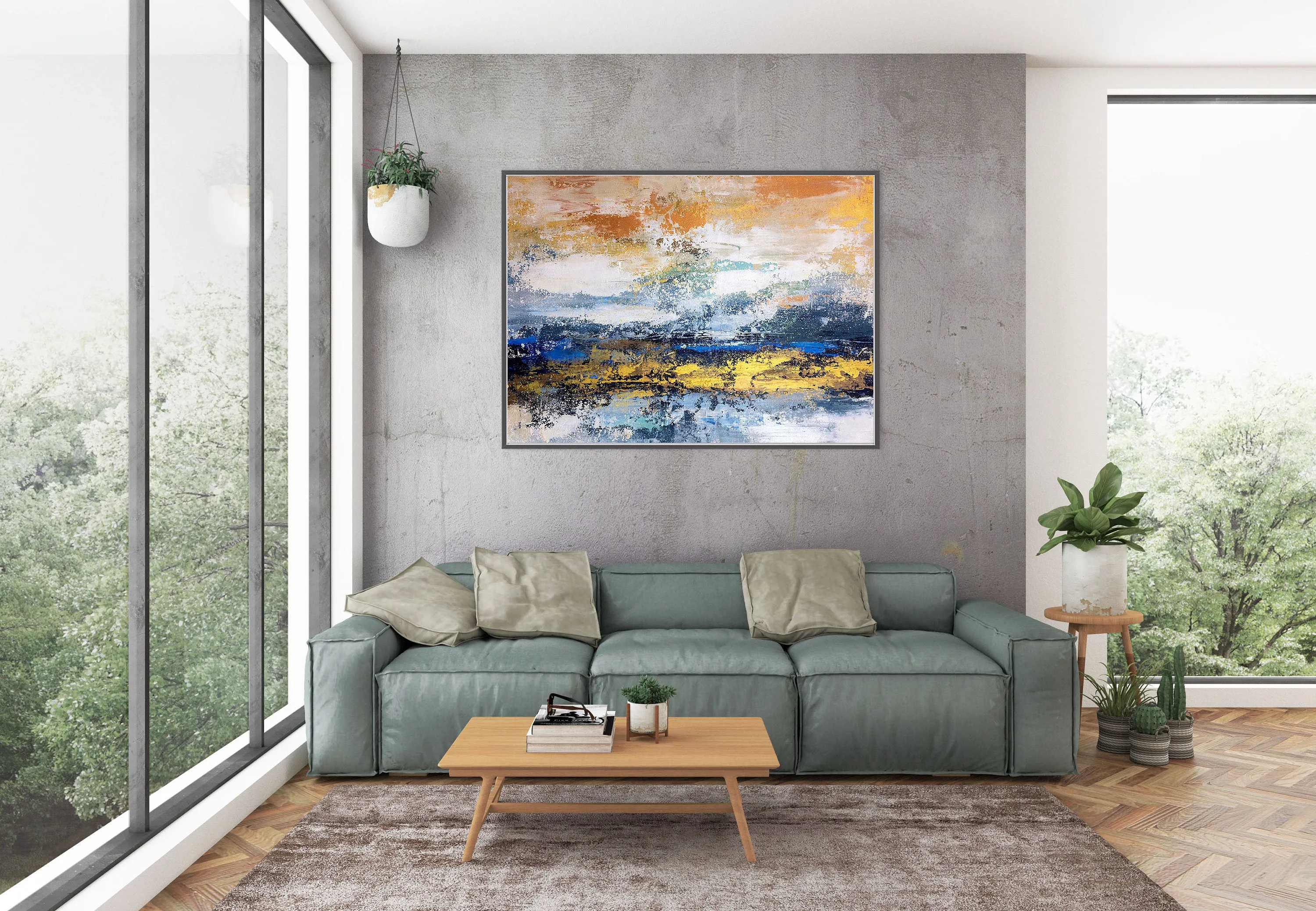 Blue White Gold Yellow Modern Abstract Painting Custom Art Bp124