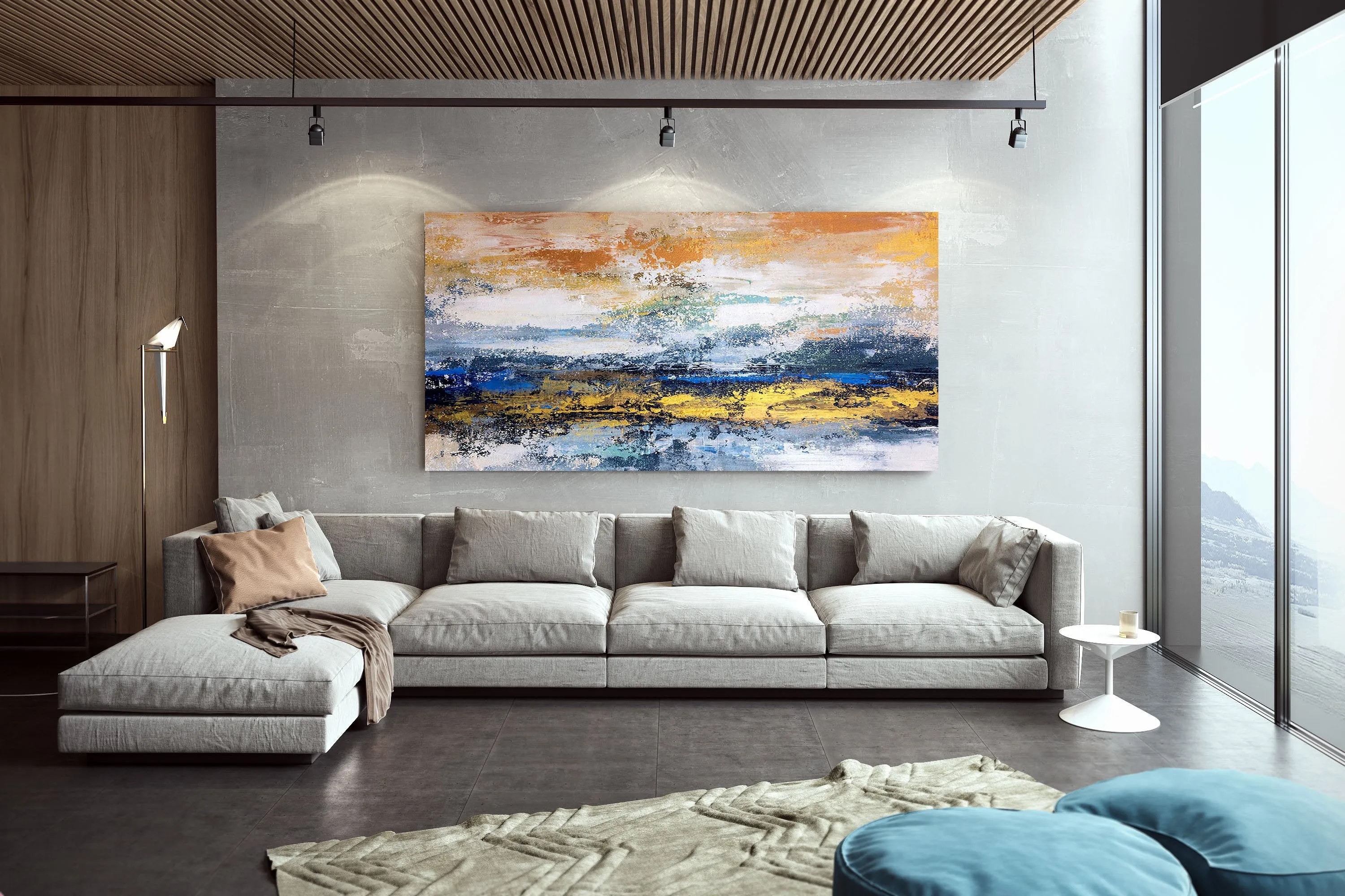 Blue White Gold Yellow Modern Abstract Painting Custom Art Bp124
