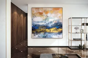 Blue White Gold Yellow Modern Abstract Painting Custom Art Bp124