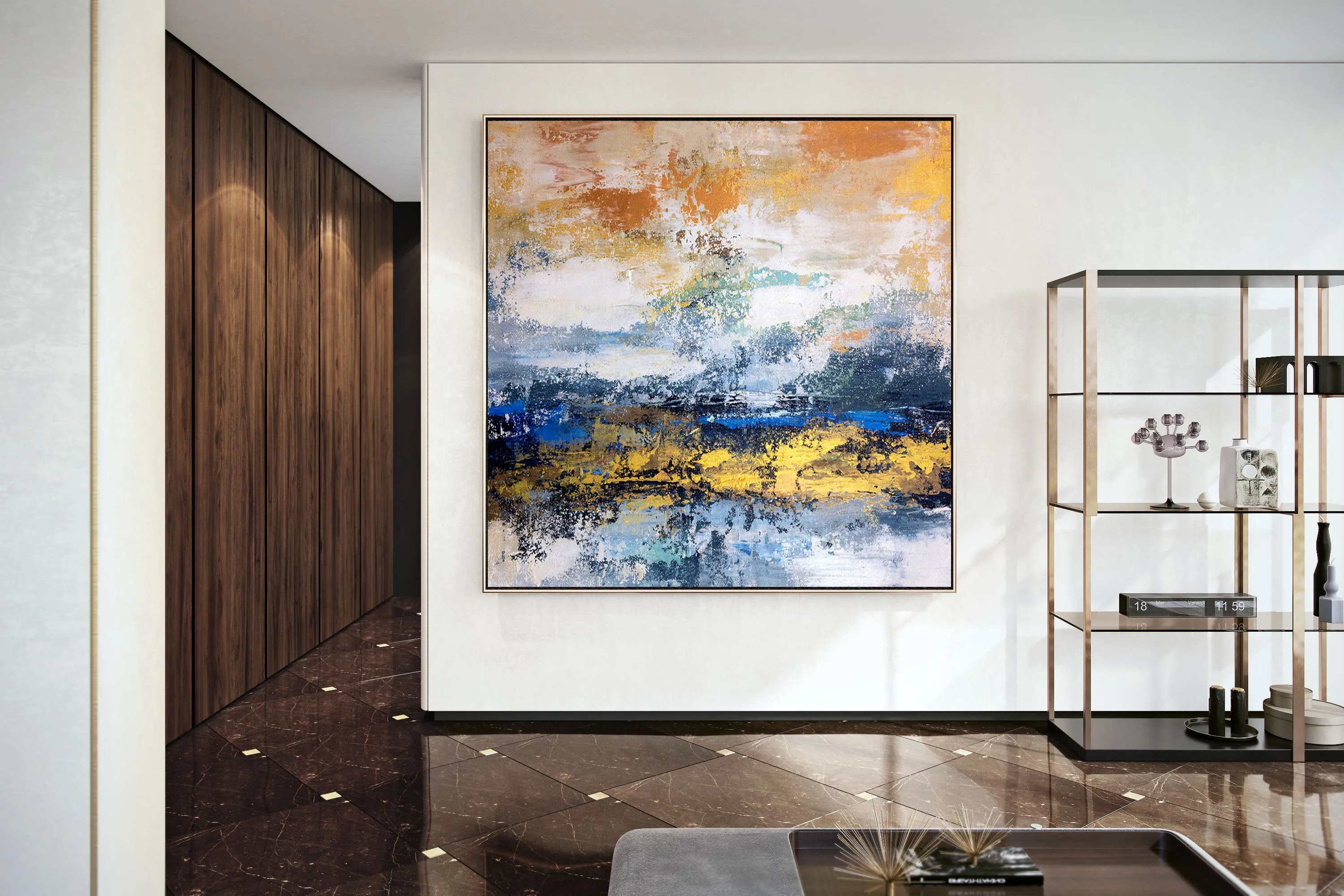 Blue White Gold Yellow Modern Abstract Painting Custom Art Bp124
