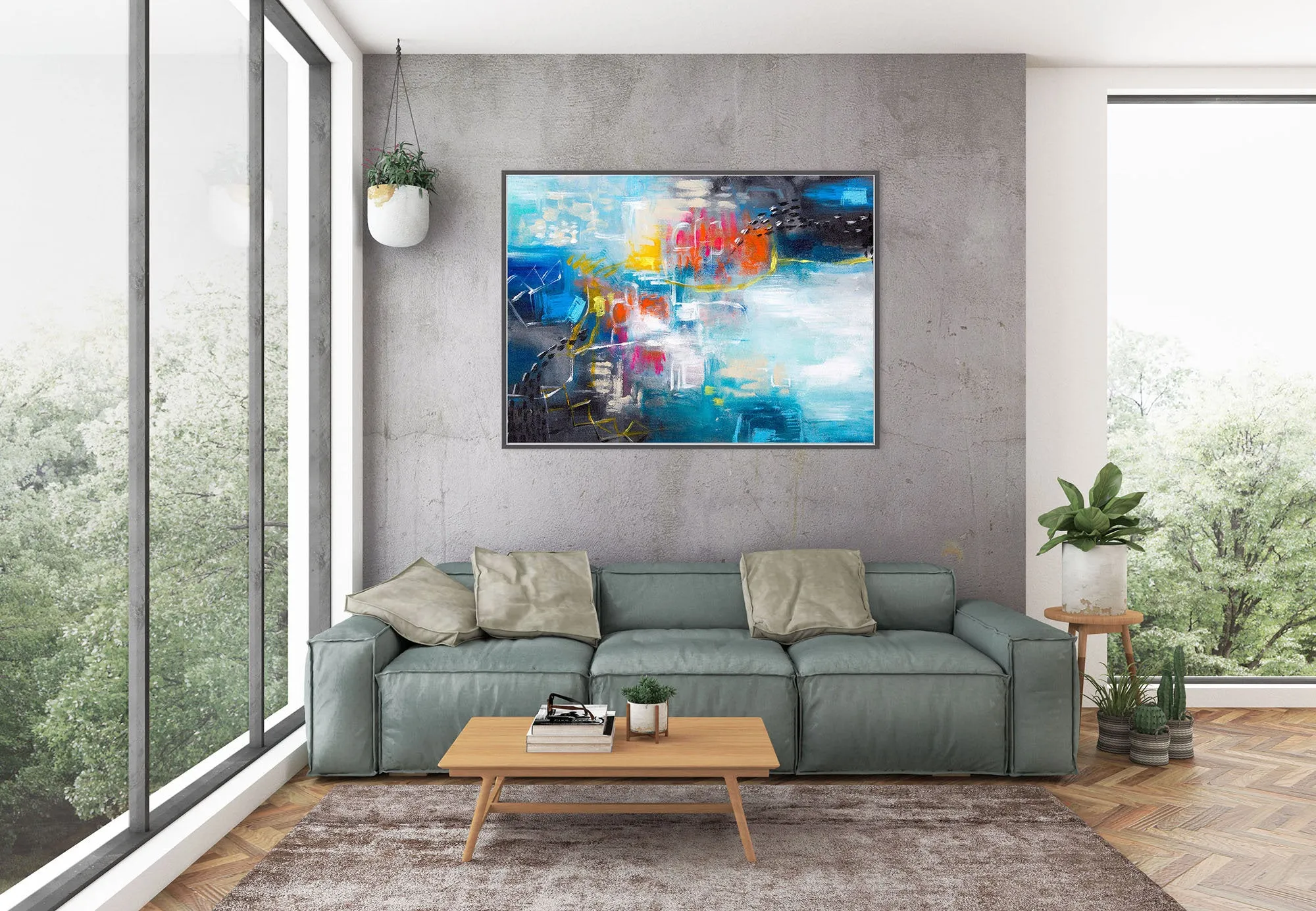 Blue White Red Abstract Painting Large Artwork Dp030