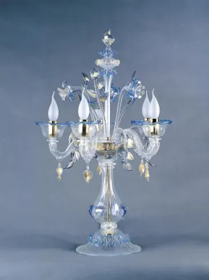 Clear Murano Glass Flambeau Table Lamp With Blue Flowers